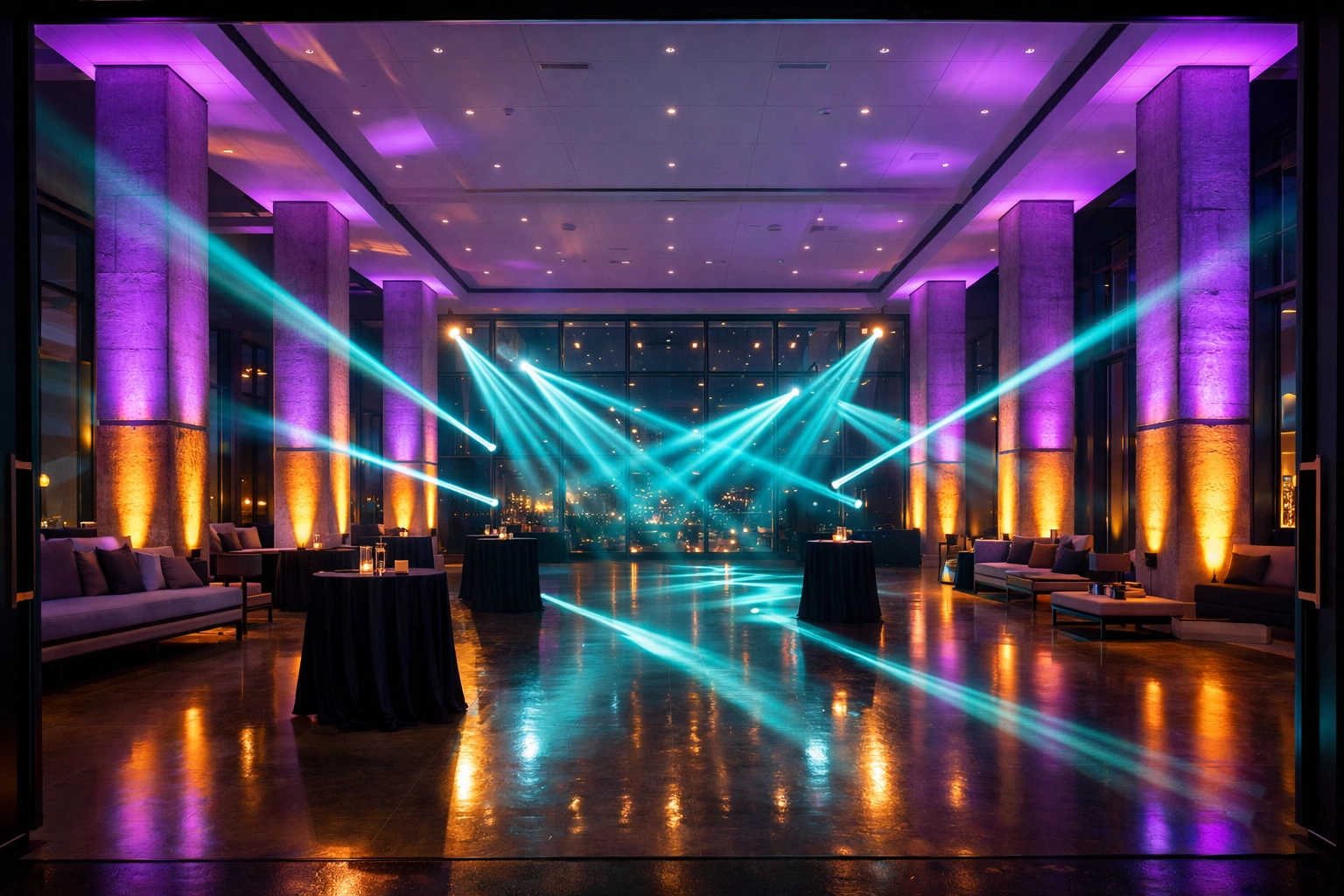 Professional event lighting and production setup at a modern venue provided by Atlanta djs.