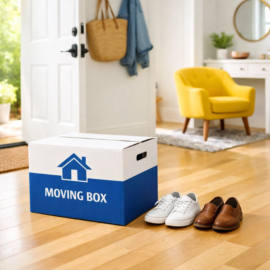 Flawless entryway with polished floors and a moving box after post-construction cleaning MA services.