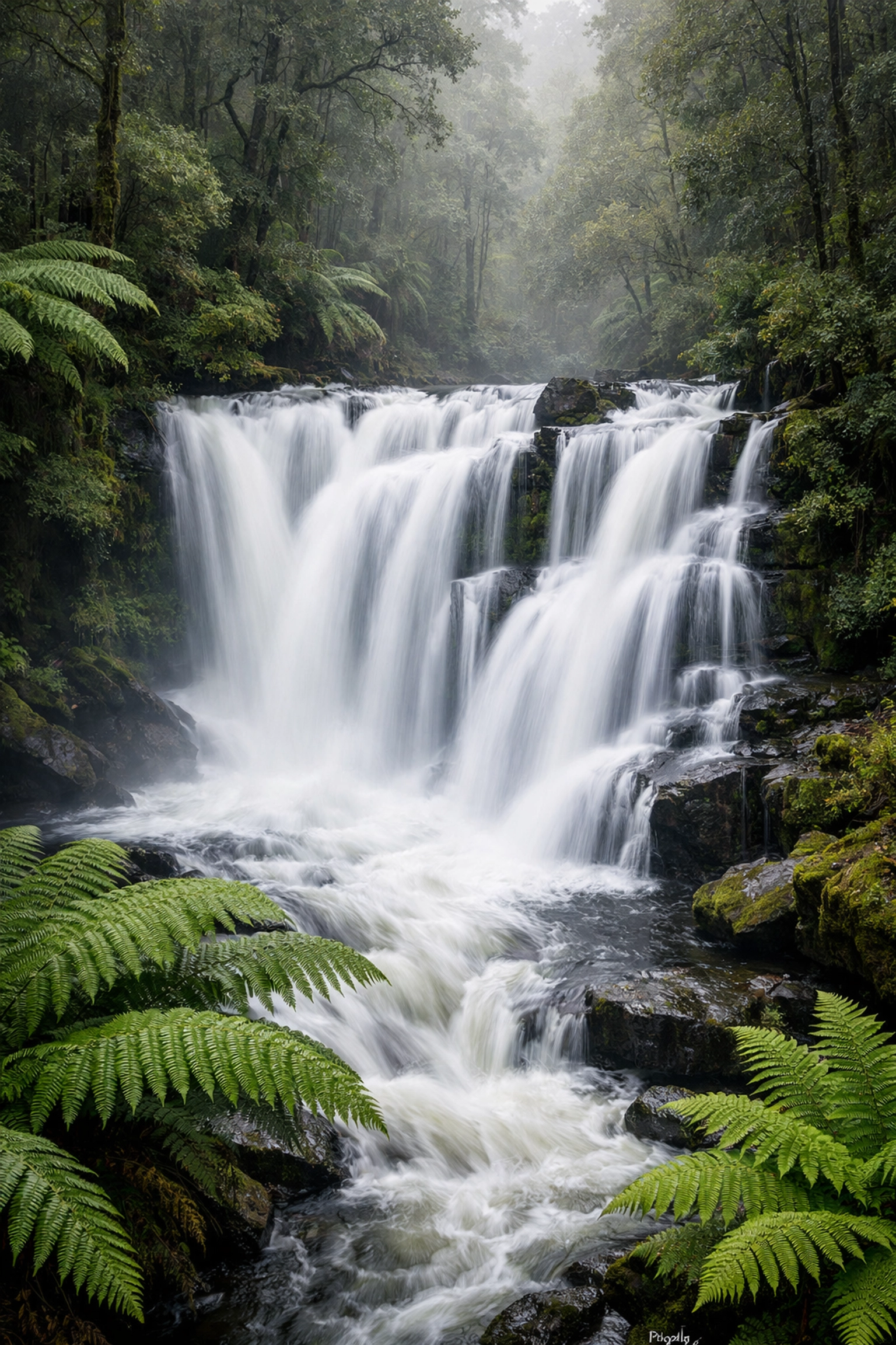Long exposure waterfall in a forest showing shutter speed control in Manual Mode 101.