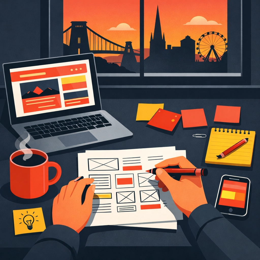 Web designer working on website wireframes with Bristol landmarks visible through the window