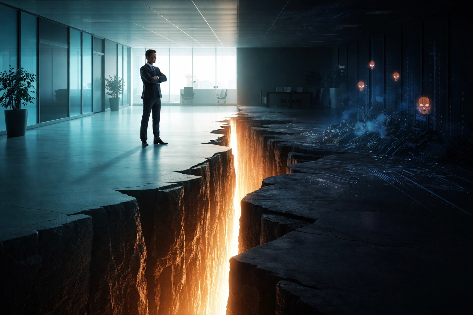A glowing chasm between light and dark sides of an office floor, symbolizing the cybersecurity confidence gap.