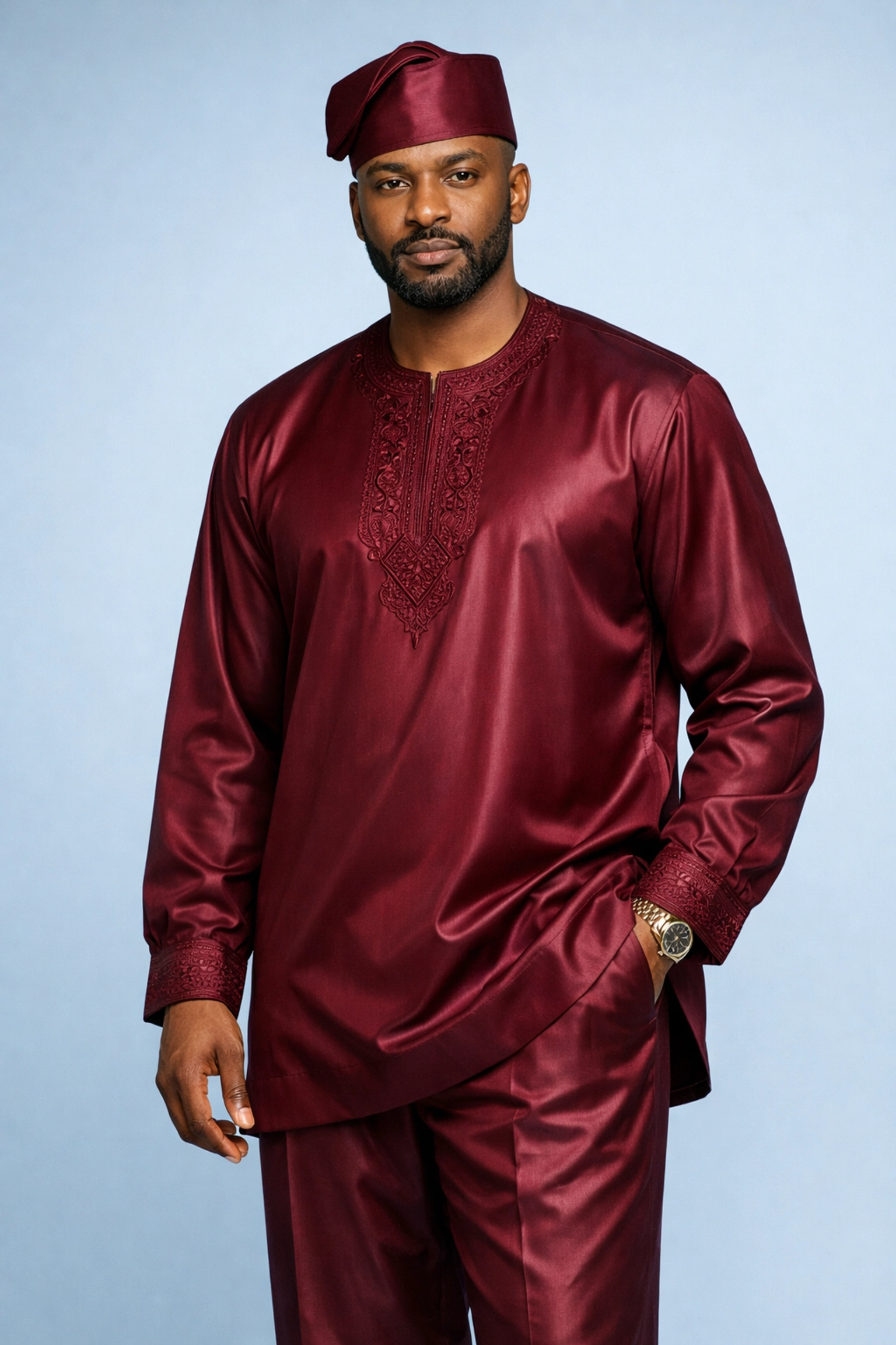 Elegant burgundy Buba and Sokoto set with intricate embroidery, a breathable alternative for formal events.