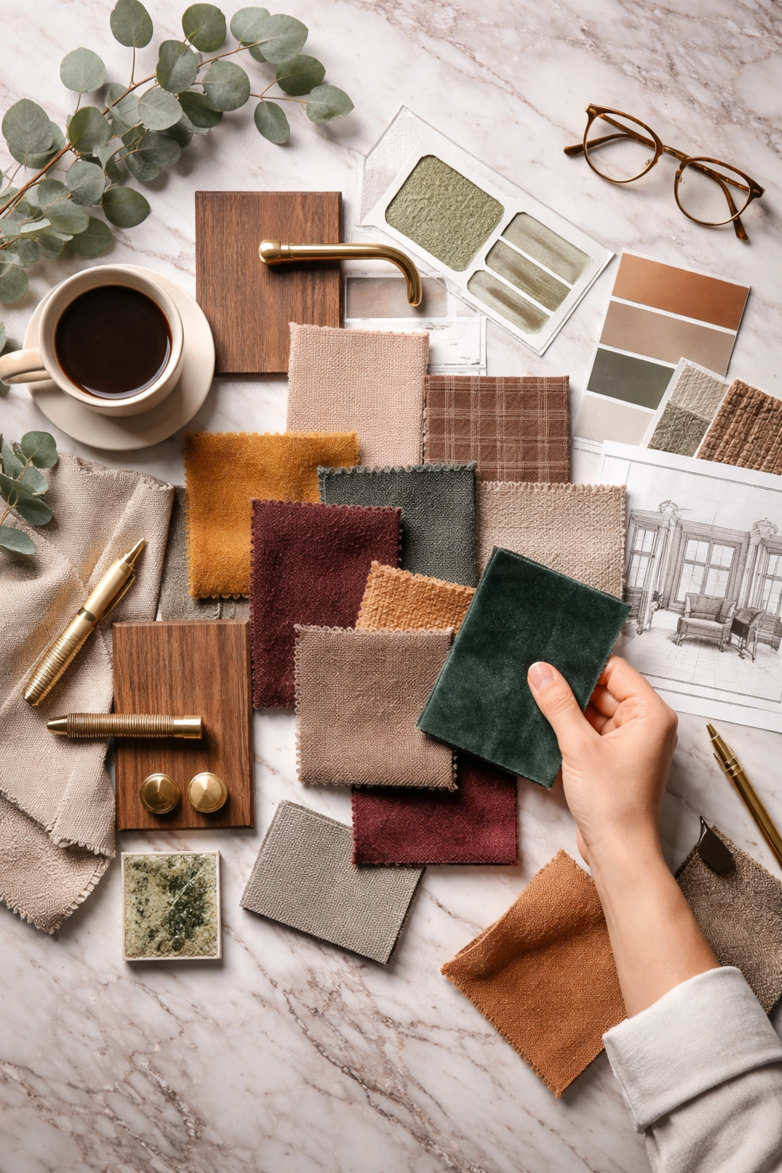 Interior designer mood board with fabric swatches, wood samples, and paint chips, illustrating the custom luxury furniture planning process