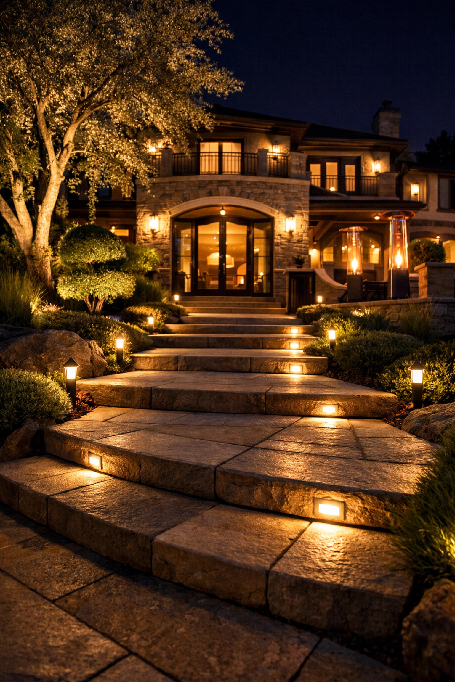 Illuminated garden pathway and steps at high-end property showing guest safety features