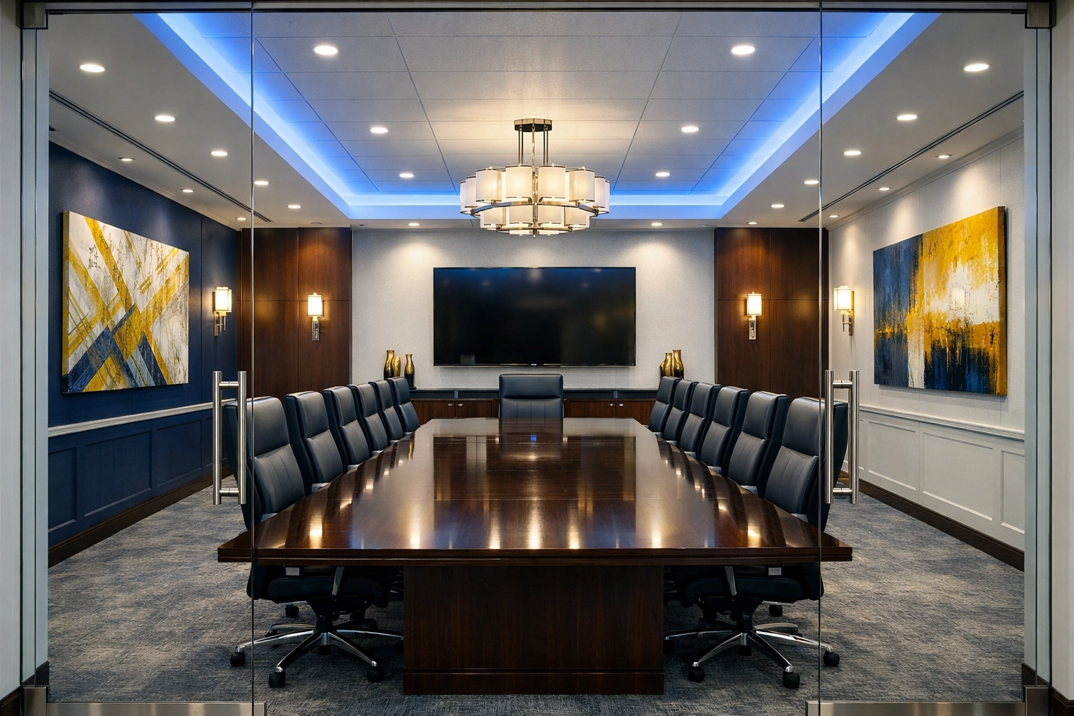 Polished Waltham executive conference room with a dark wood table ready for professional meetings.
