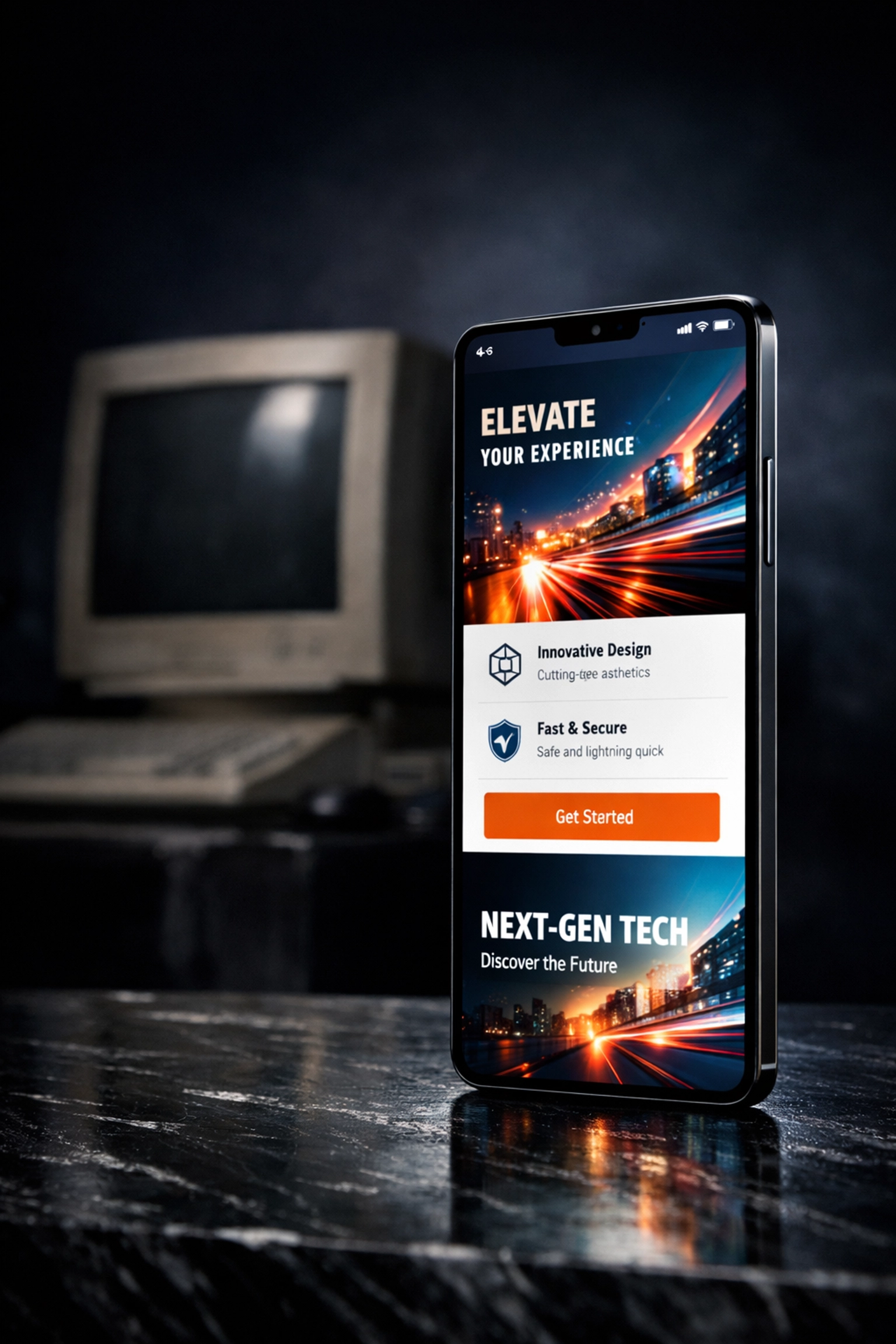 Modern smartphone displaying a fast website redesign contrasting with an old desktop monitor.