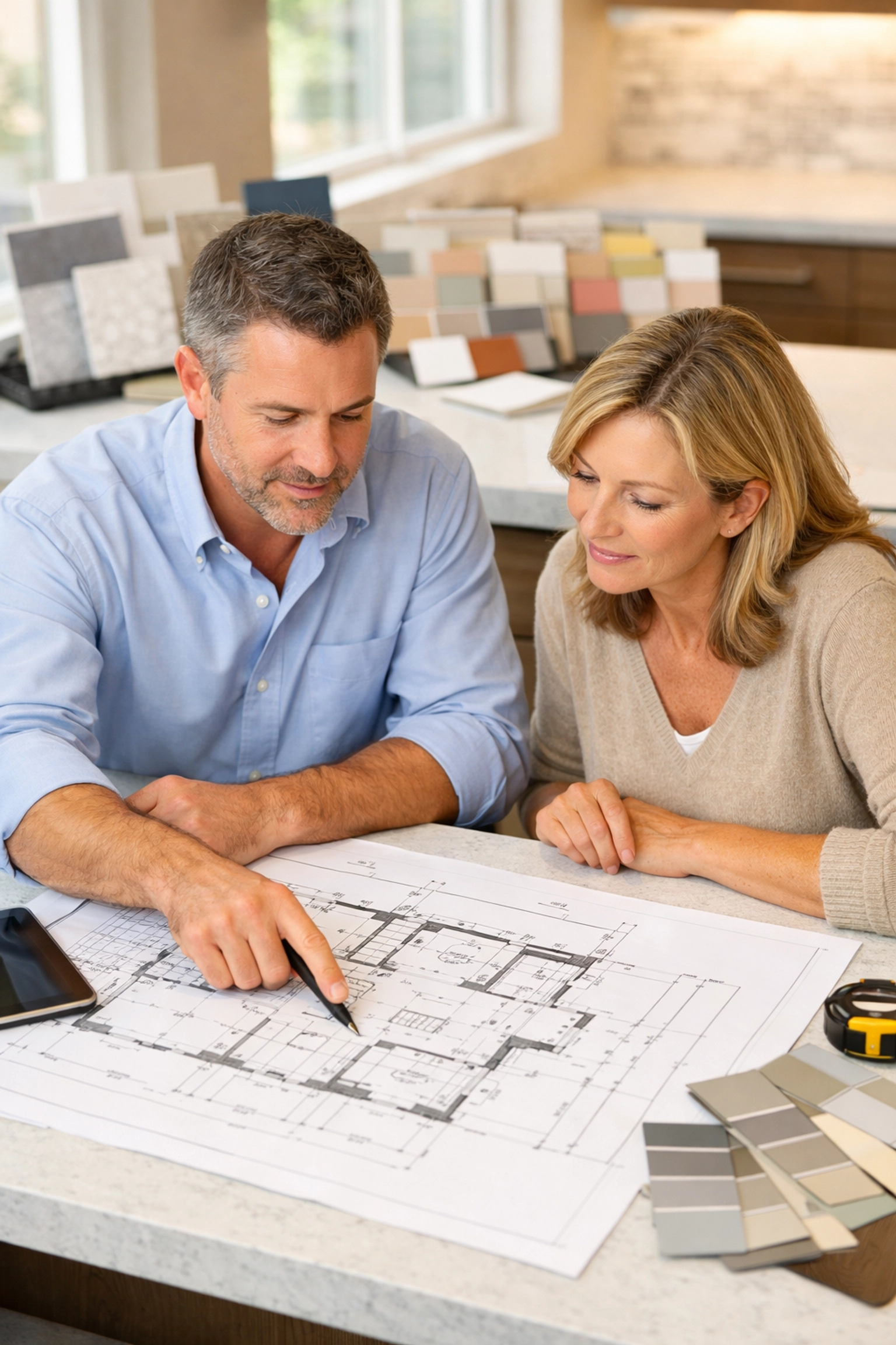 Homeowner consulting with Orlando remodeling expert reviewing remodeling plans and materials