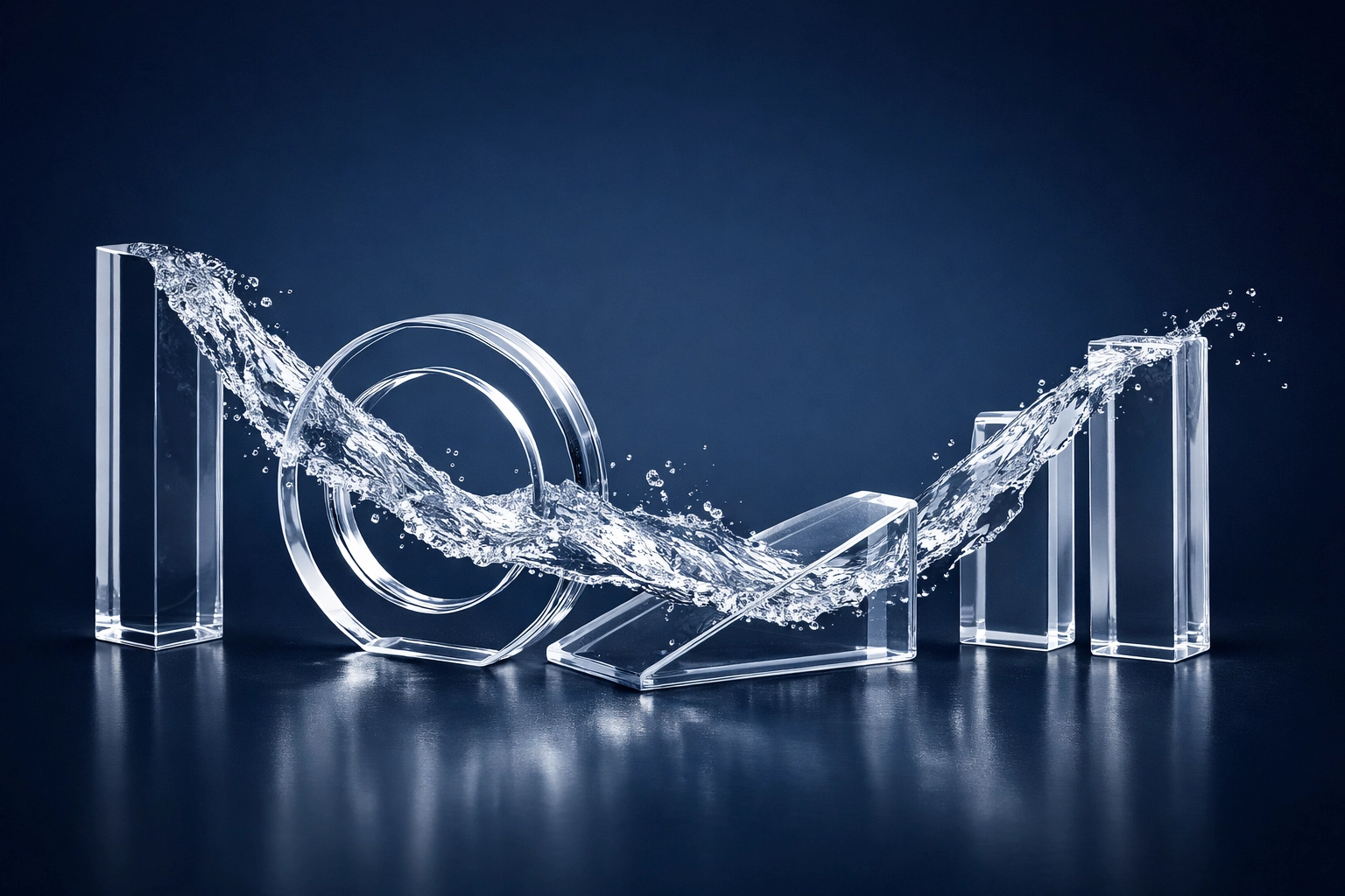 Flowing water through glass sculptures illustrating efficient business cash flow and revenue-based capital.
