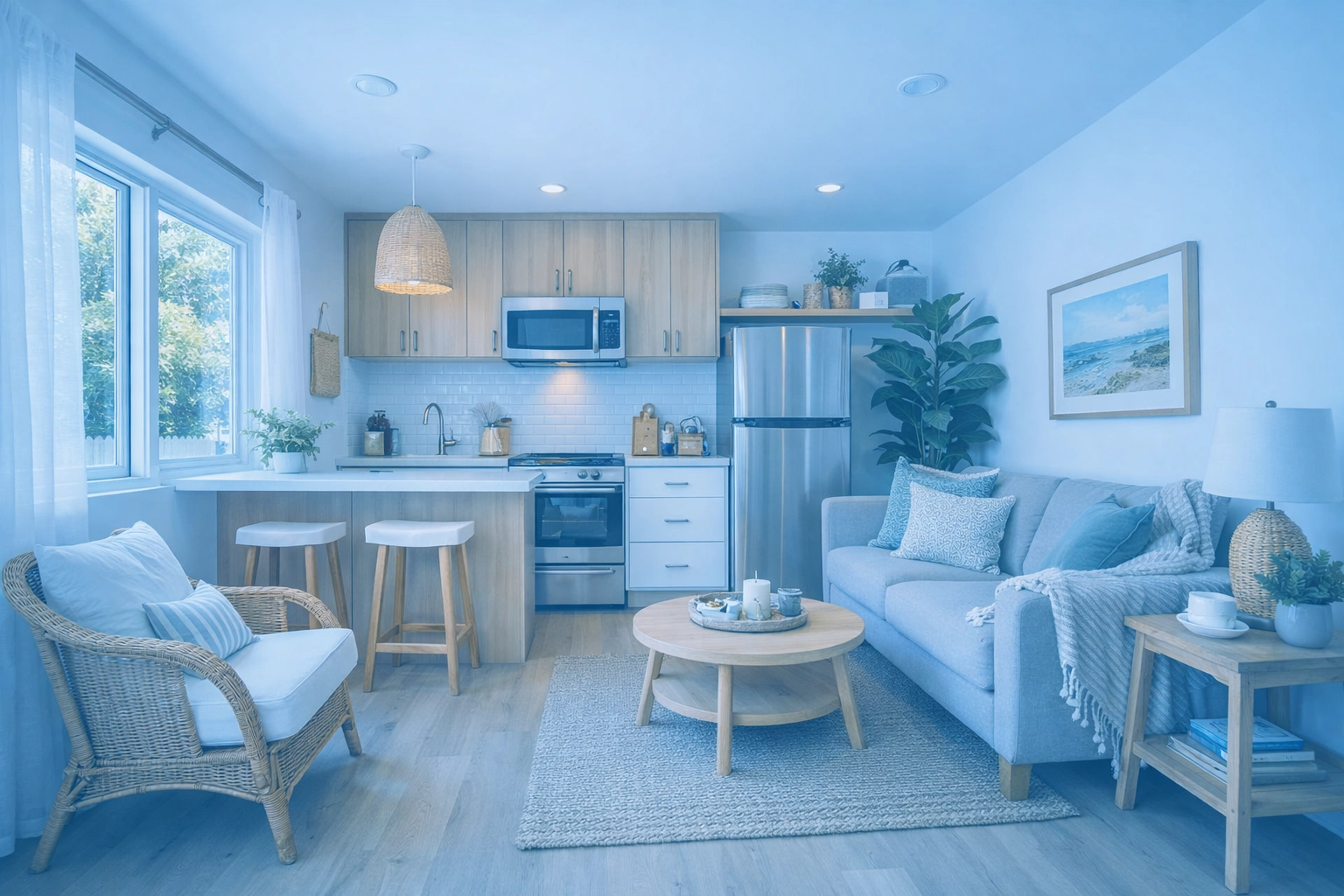 Interior of ADU guest house in SWFL showing open kitchen and living area with modern finishes