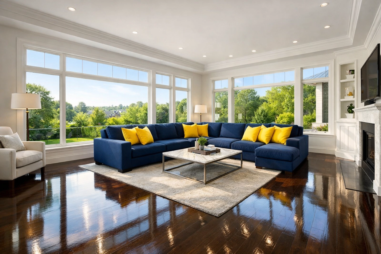 Sparkling clean Westford living room illustrating the benefits of a deep cleaning service.