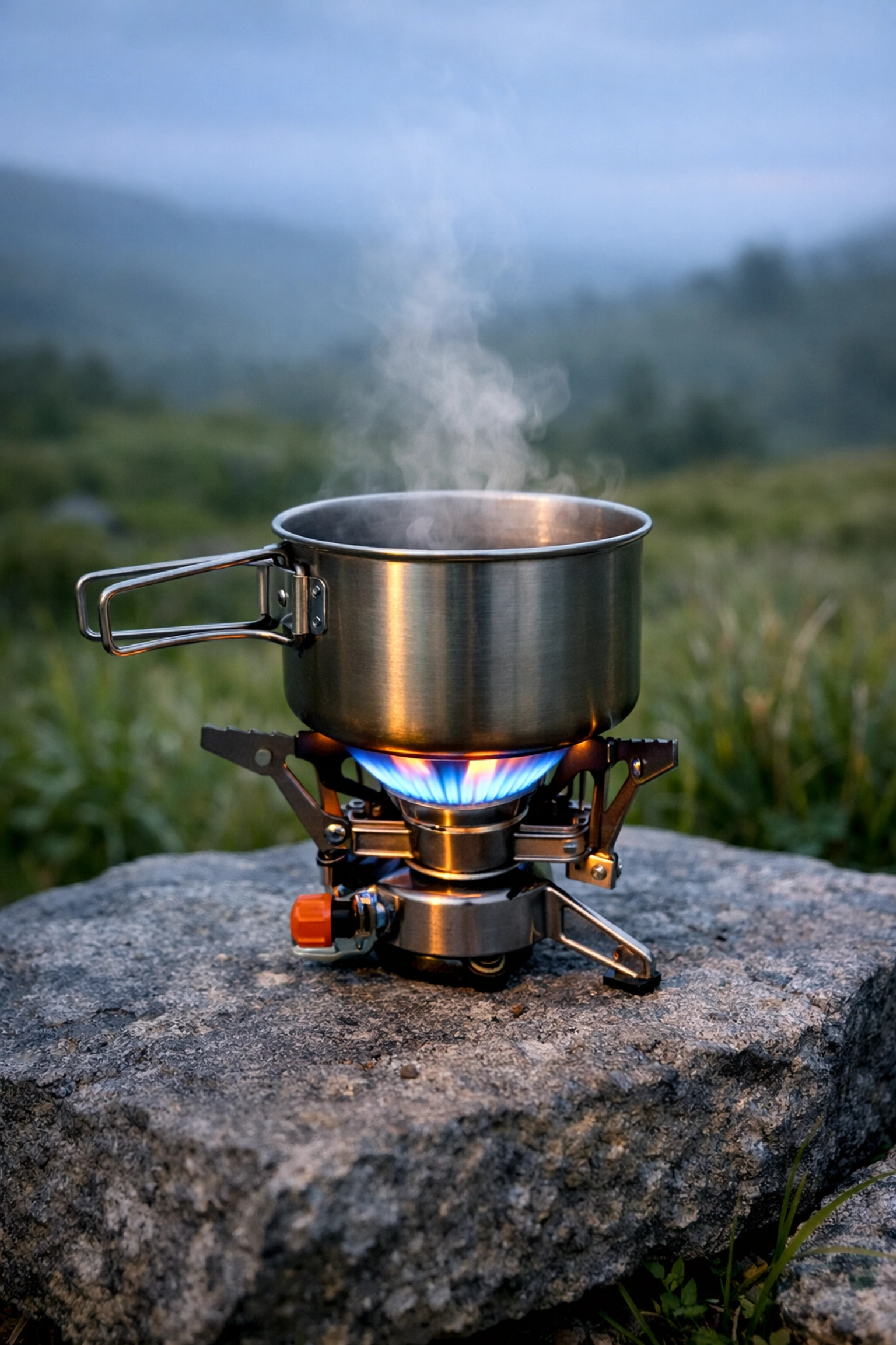 Boiling water on a portable camping stove to master survival skills in the UK wilderness.