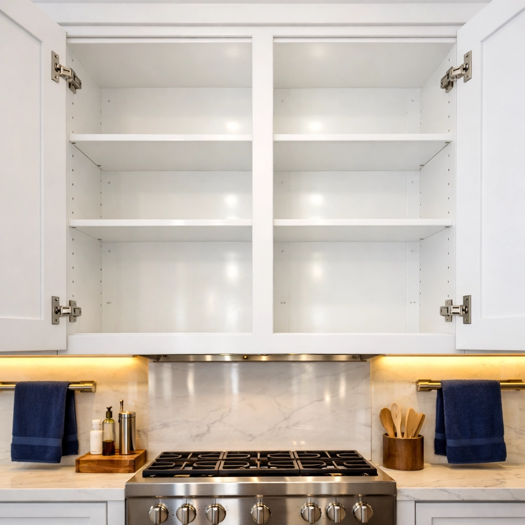 Spotless white kitchen cabinets and counters sanitized by professional move-in cleaning services.