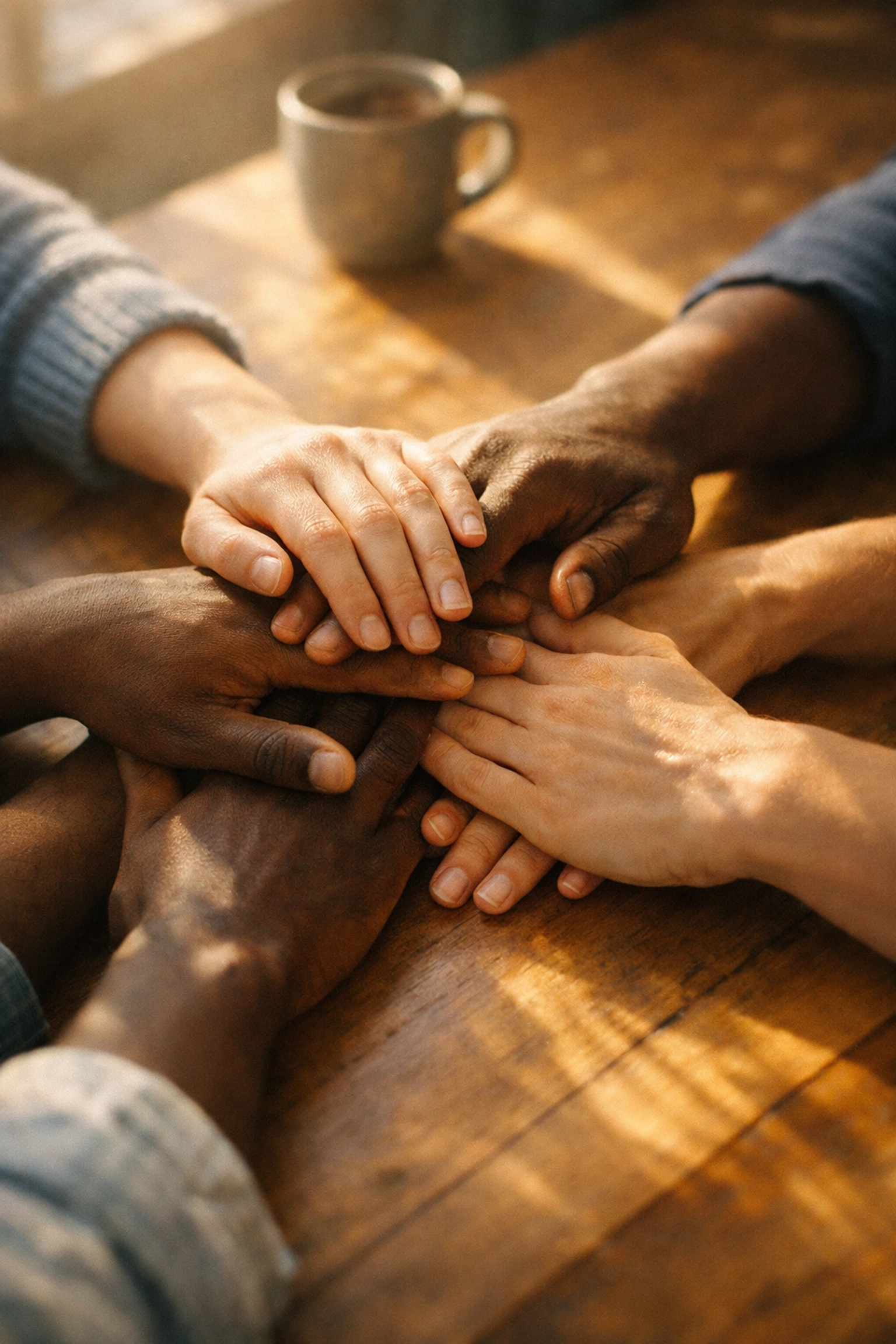 Diverse hands joining together symbolizing Christian community and the unified body of Christ