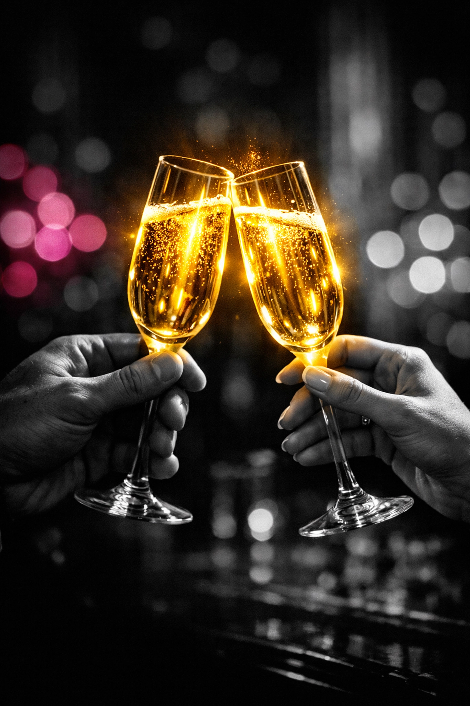 Couple celebrating career success together with champagne toast