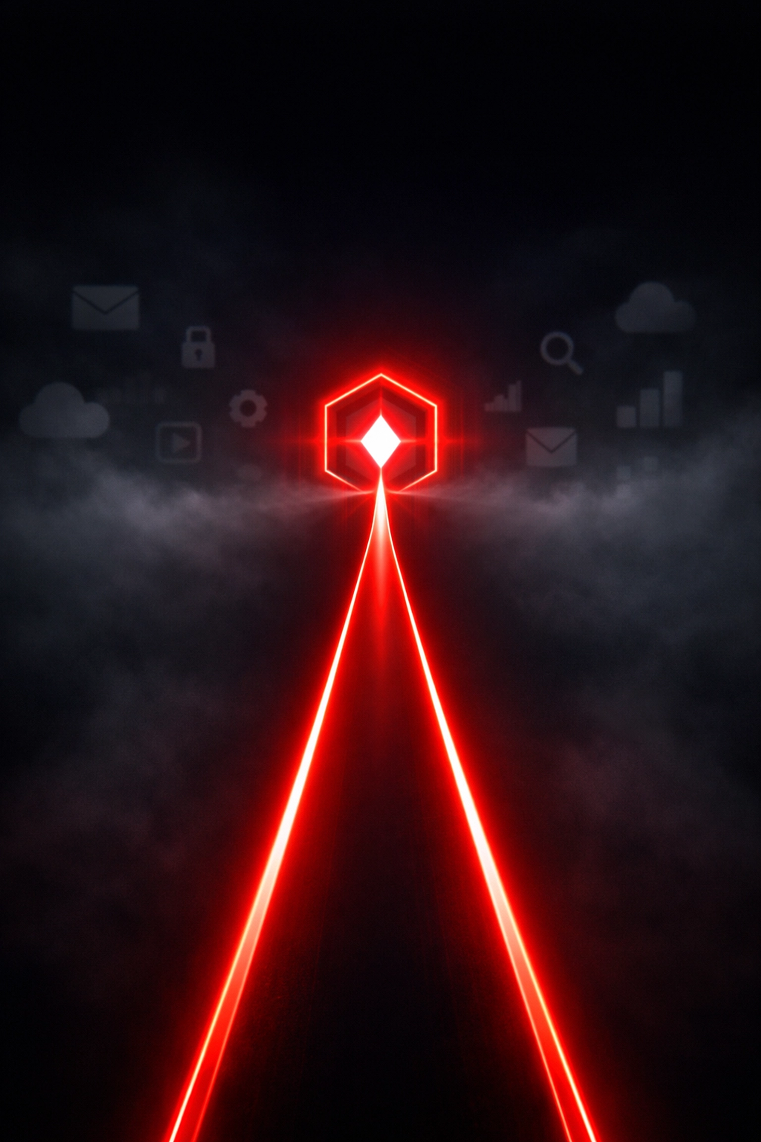 A glowing red bridge through digital noise representing a visionary marketing path for business growth.