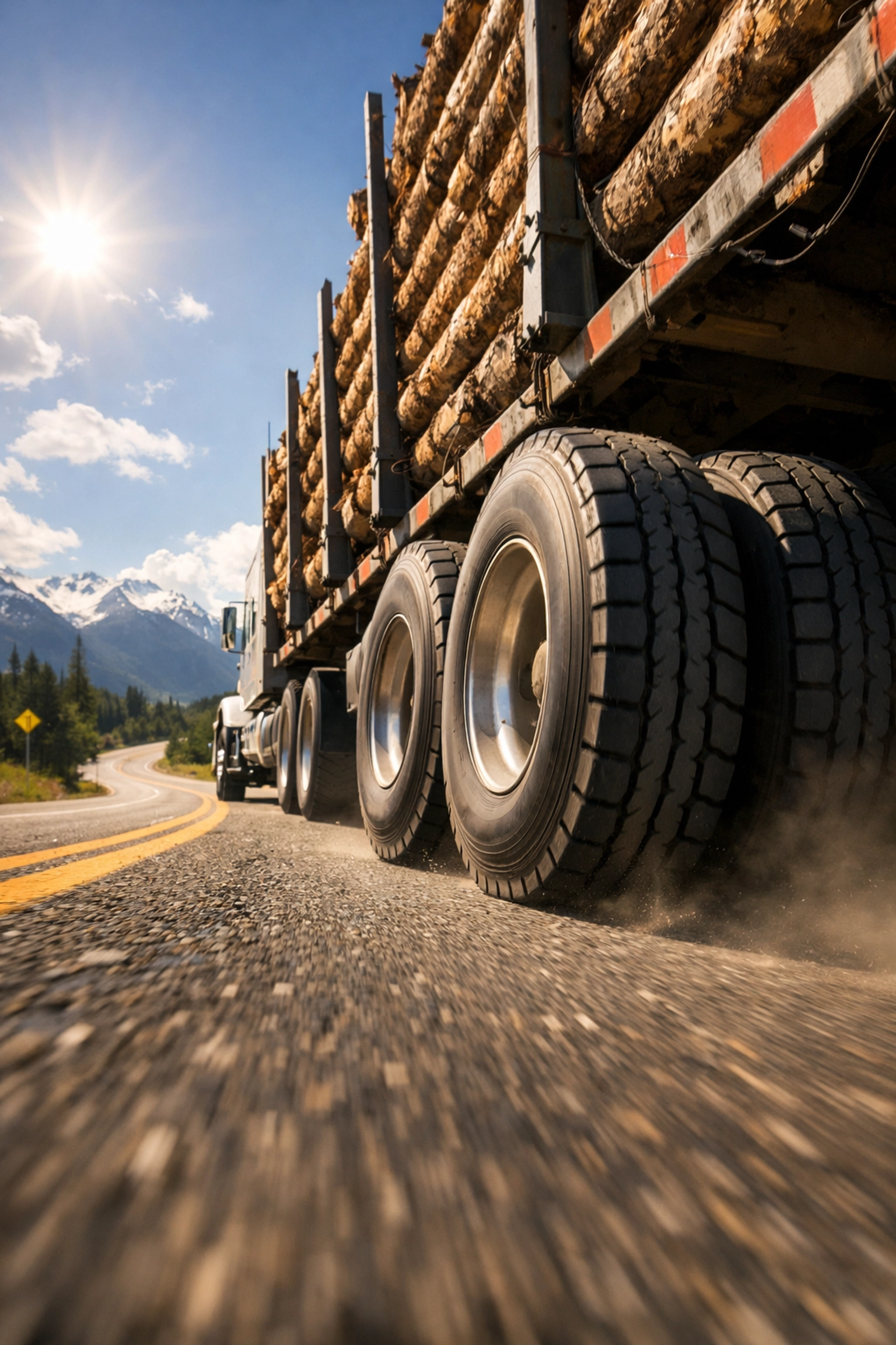 Semi-truck hauling timber on Highway 16 showing tire compression from heavy commercial loads.