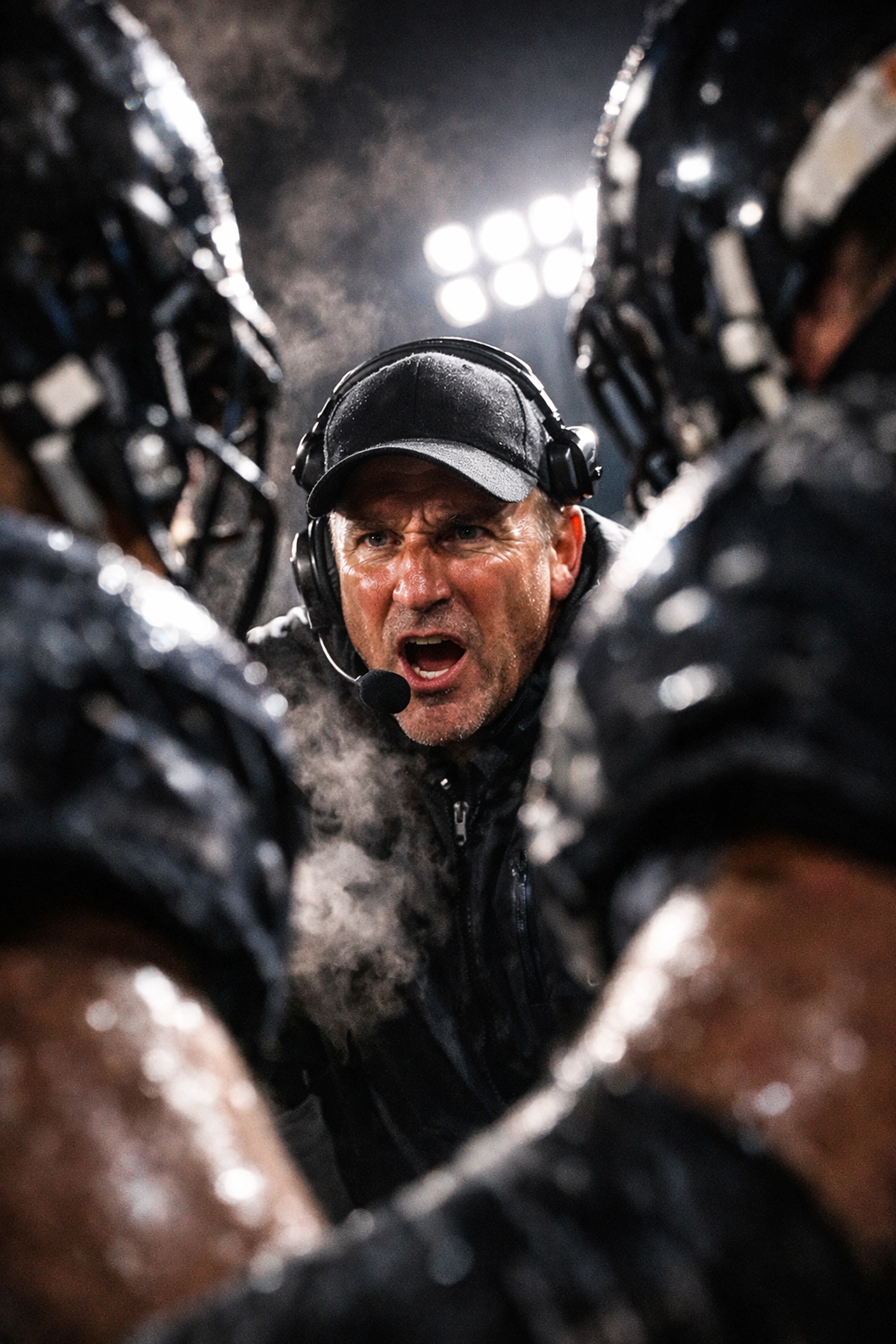 Determined coach leading an intense team huddle to maintain focus and emotional regulation during a big game.