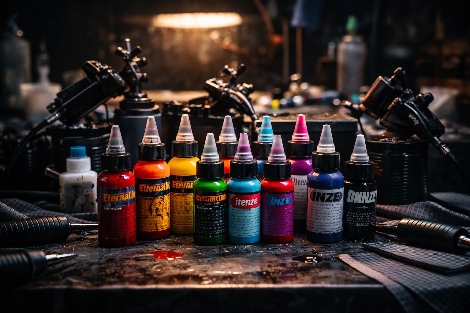Tattoo workstation in Omaha featuring premium ink bottles and gear, stressing the importance of high-quality materials.