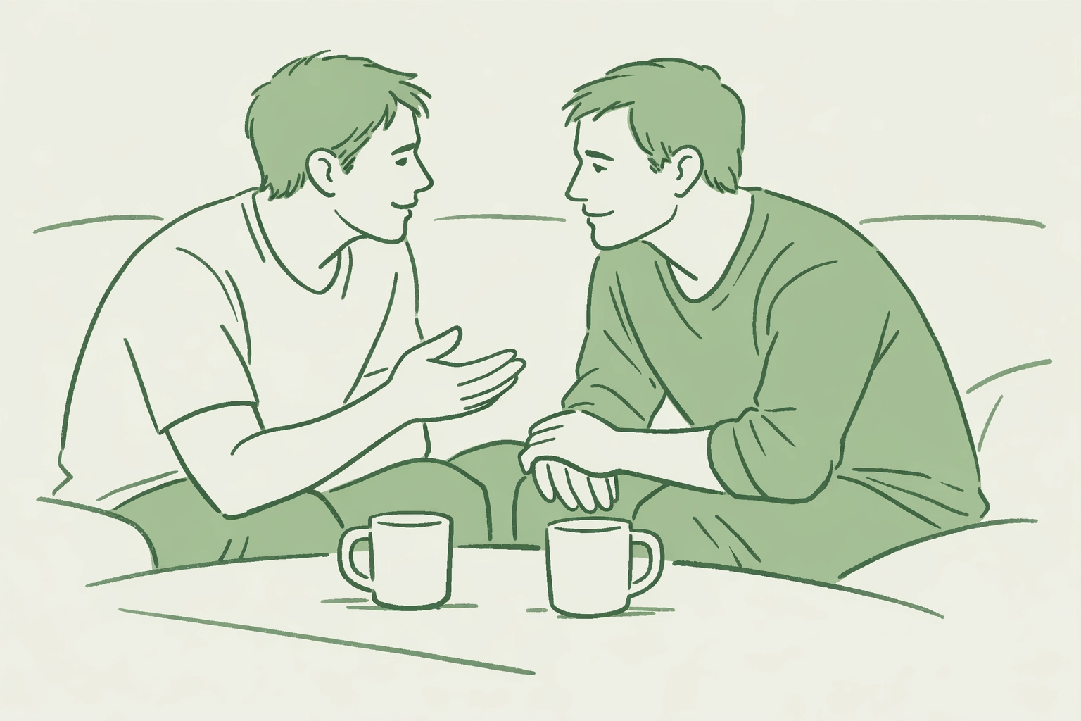 Two men in intimate conversation on couch discussing relationship boundaries and emotional readiness
