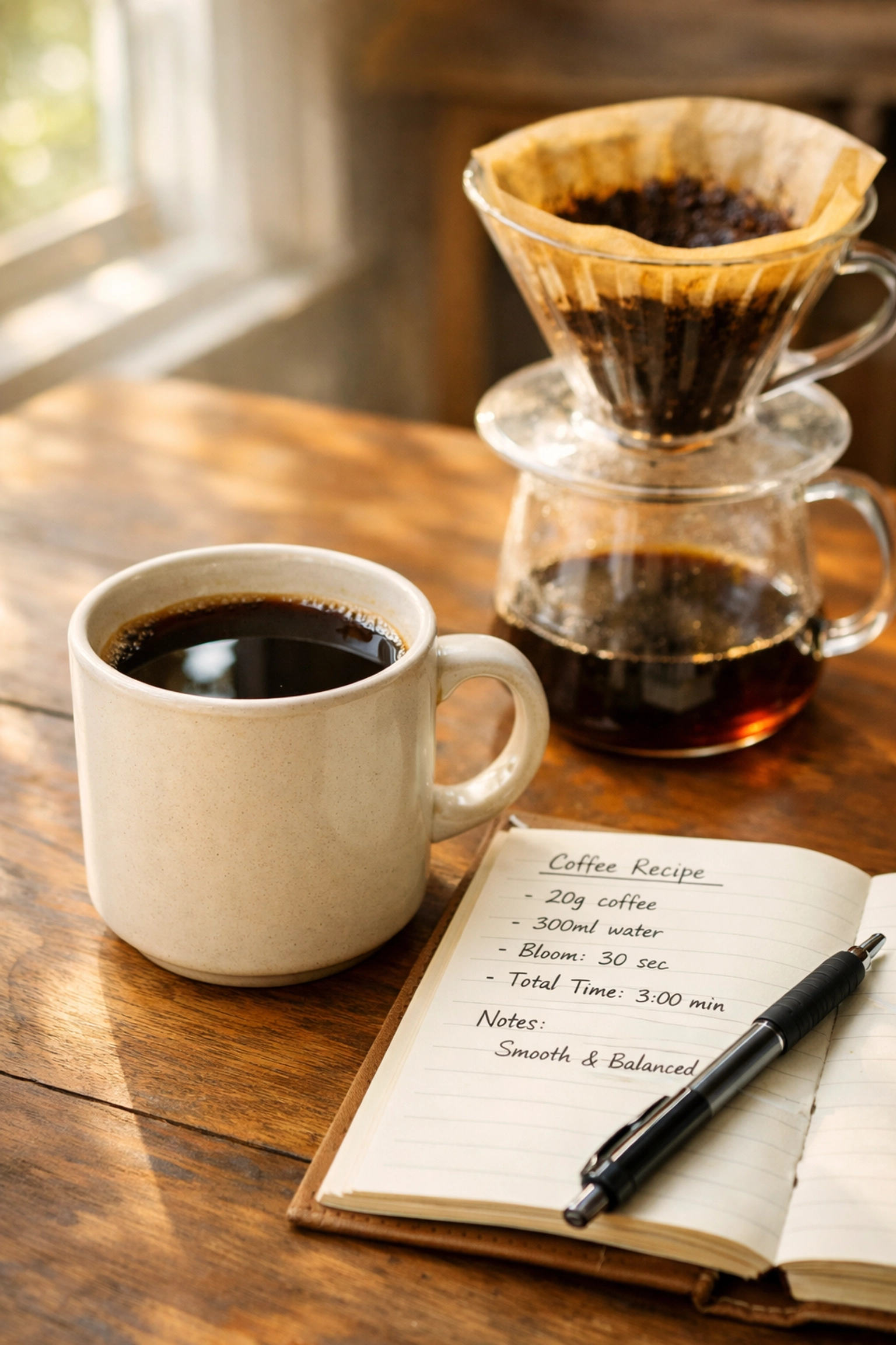 Finished cup of V60 pour-over coffee with brewing notes and equipment on wooden table