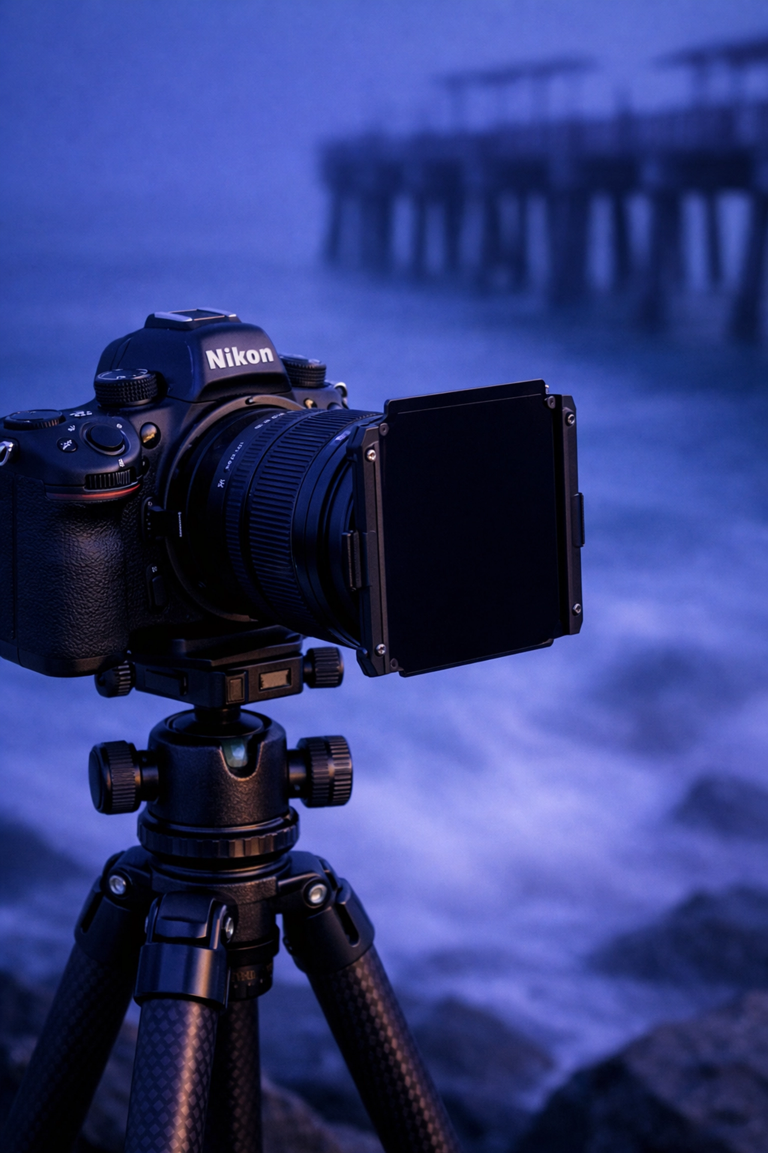 Professional camera setup capturing a long exposure fine art landscape at South Pointe Park, Miami.