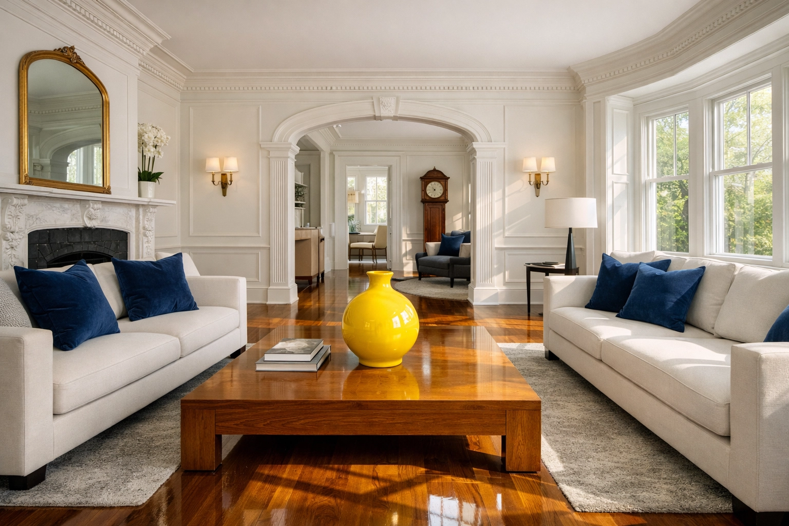 Spotless luxury living room with gleaming hardwood floors after professional house cleaning Clinton MA services.