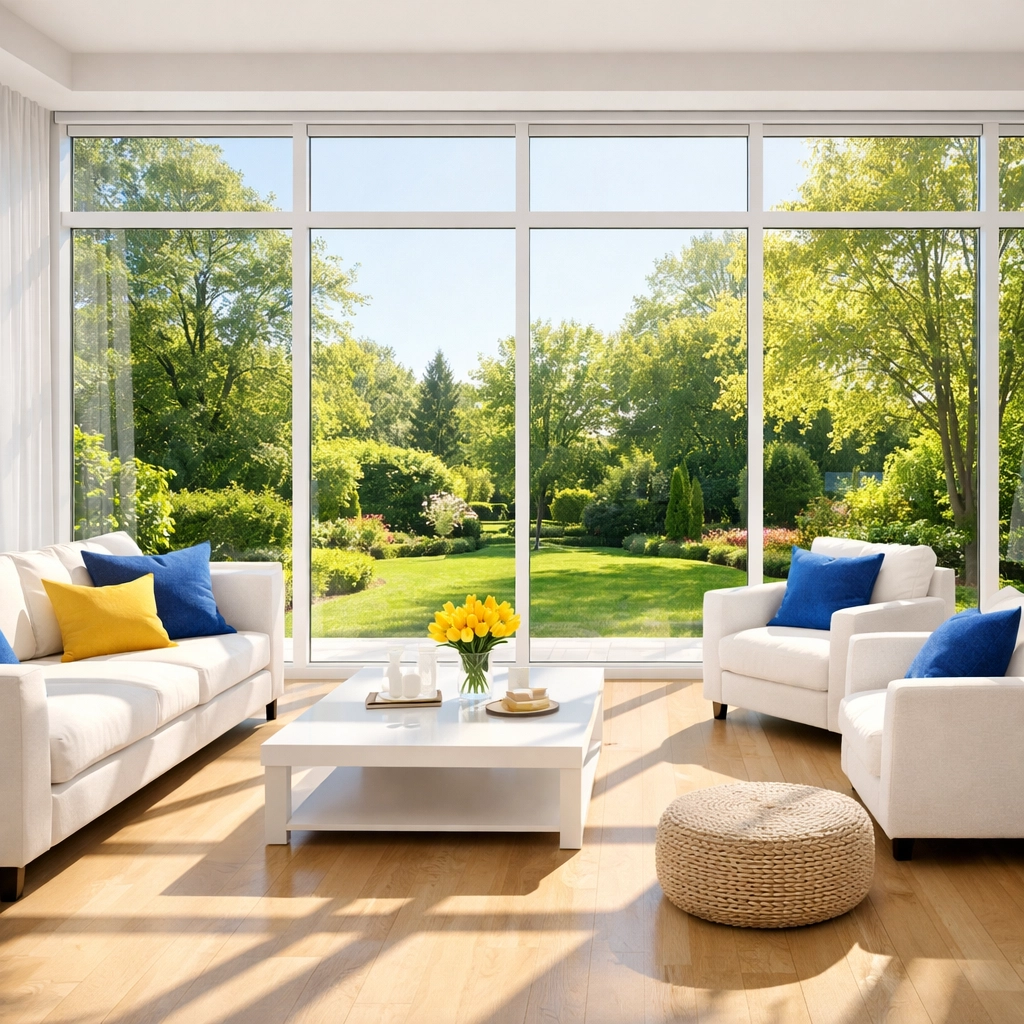 Large spotless windows in a bright interior room letting in natural light and garden views.