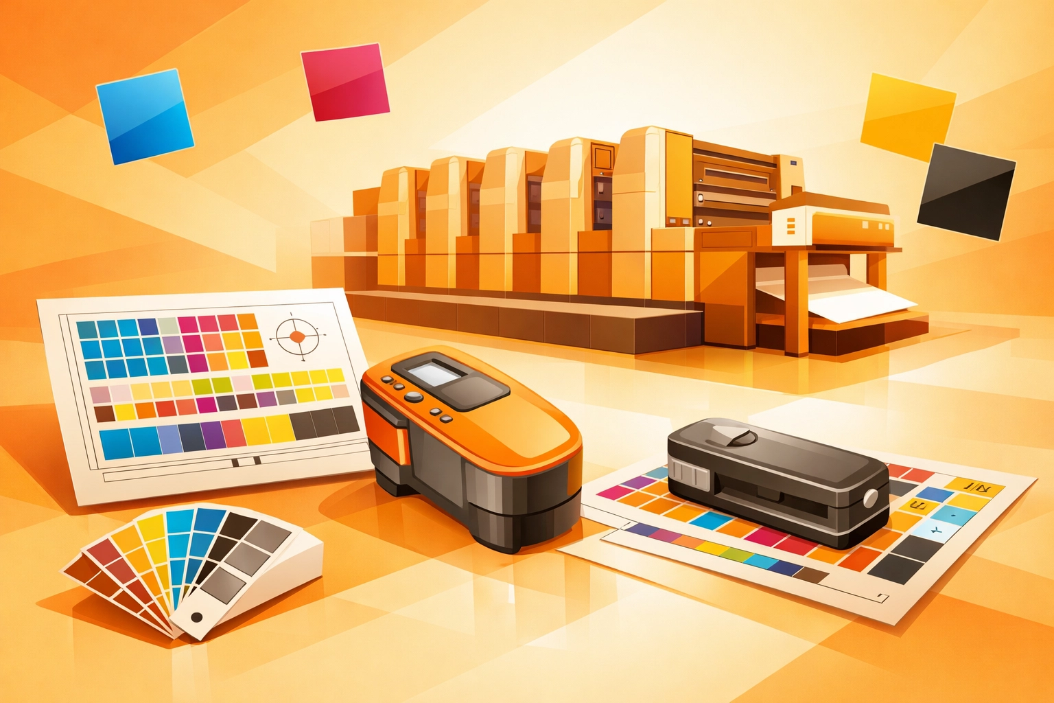 Printing press with color calibration charts and CMYK swatches for print quality control