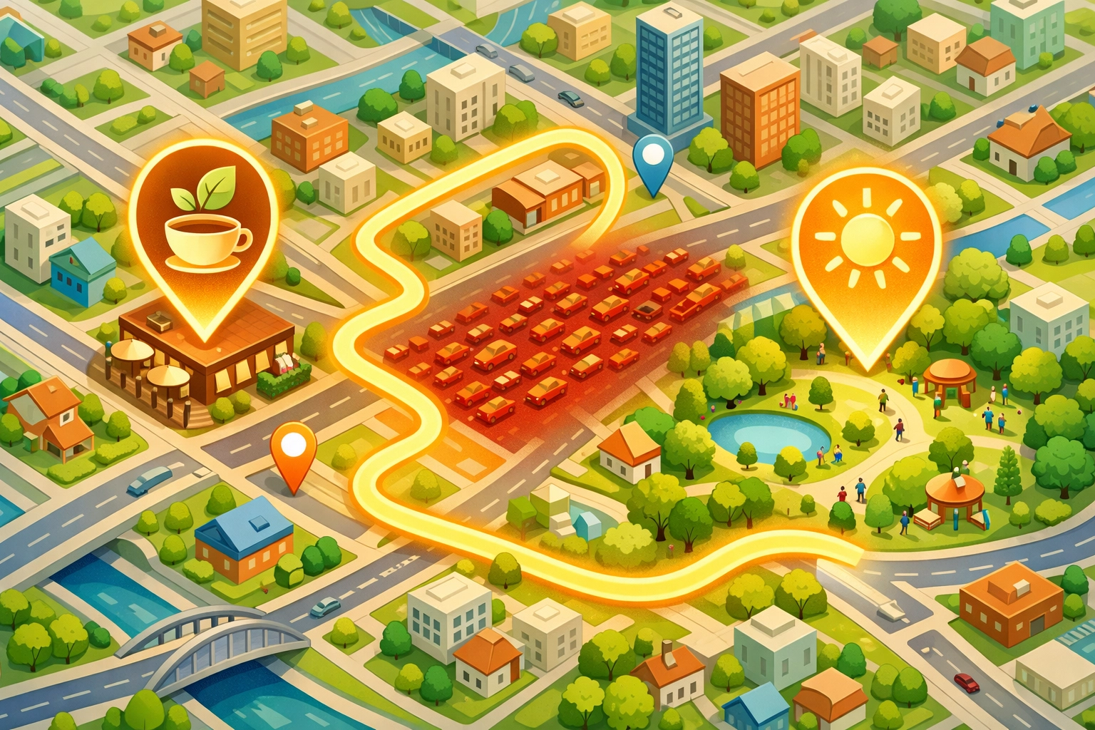 AI SIGNAL : Putting AI to Work 4 Smart city map showing AI recommendations for cafes and traffic-free travel routes.