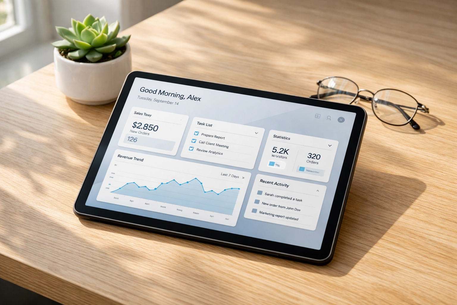 Modern tablet showing a tax practice management dashboard and client portal on an organized desk.