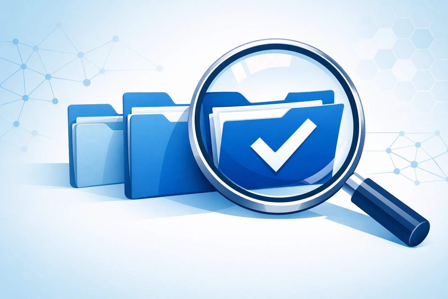 Magnifying glass verifying digital files with a check mark for successful data backup testing.
