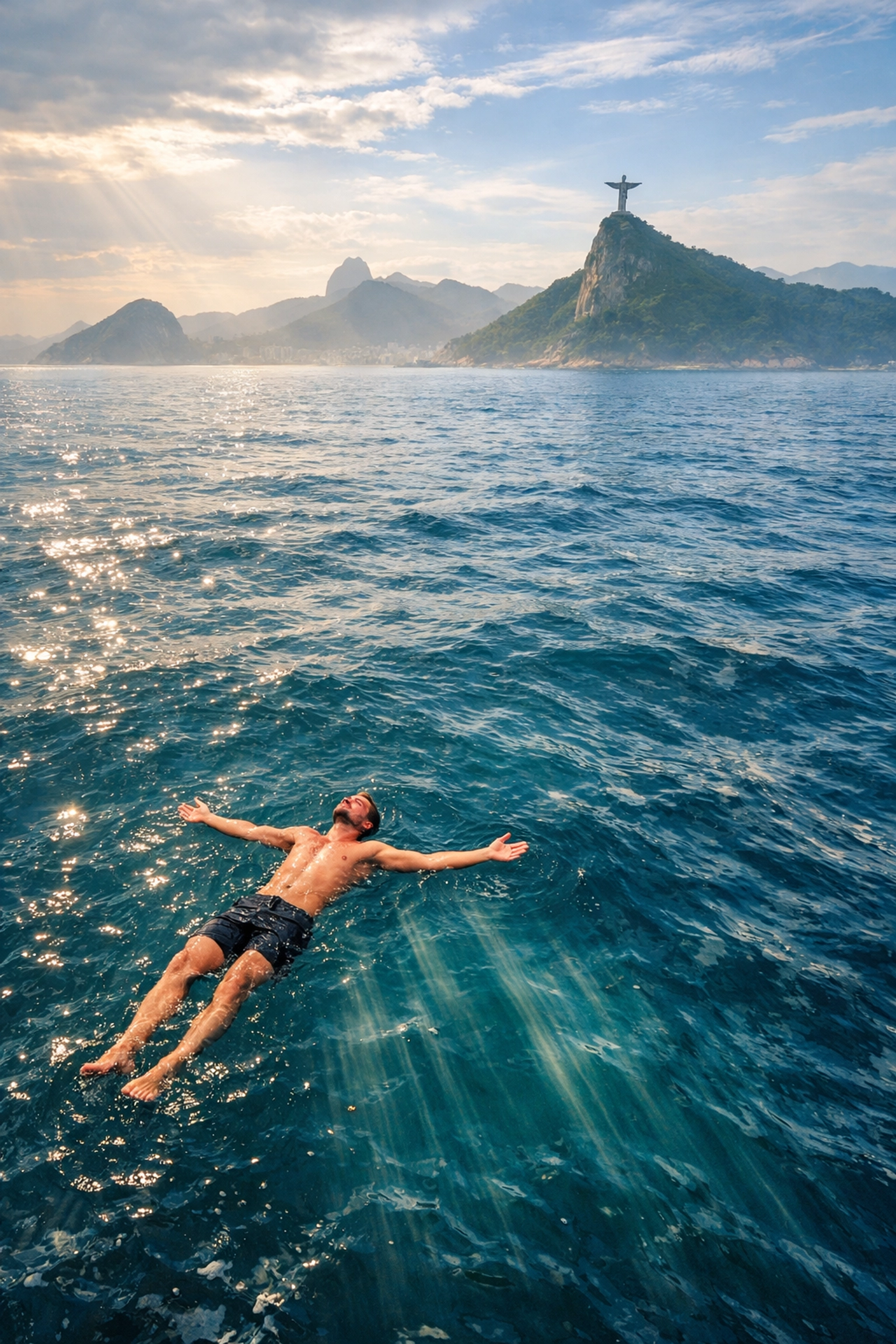 Swimmer floating peacefully in Rio's Atlantic waters with Christ the Redeemer in distance