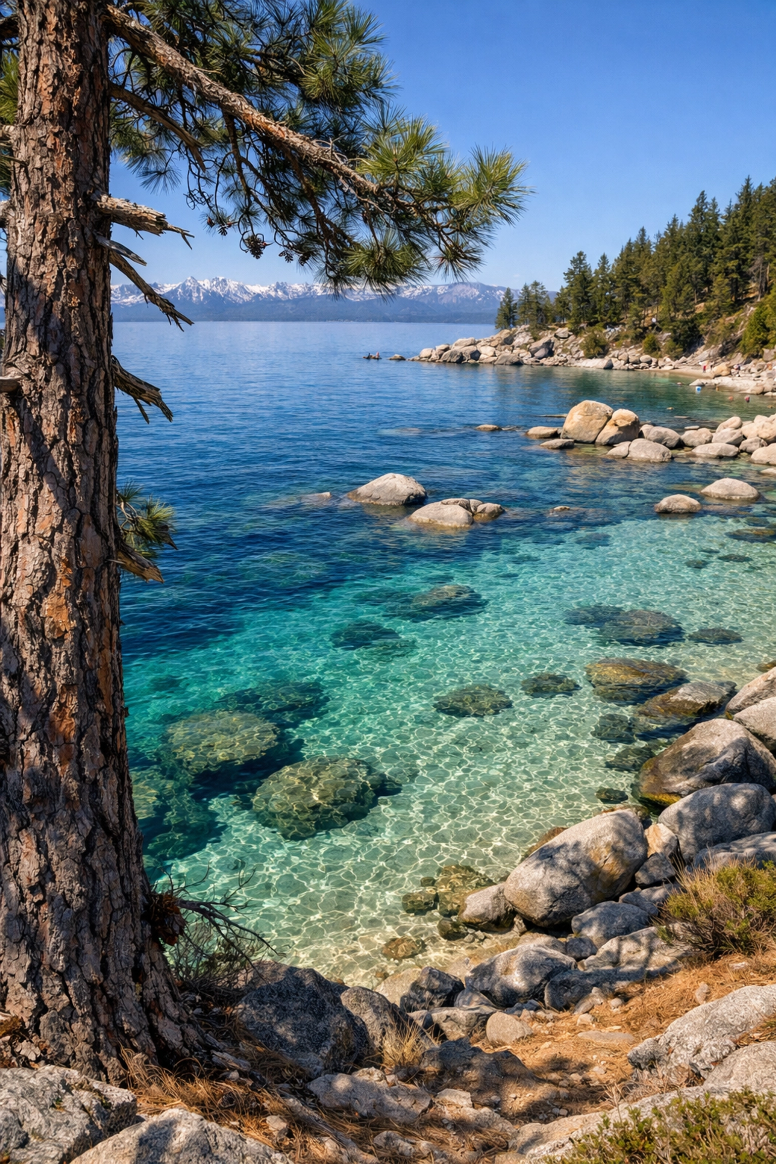 Crystal-clear turquoise water and granite boulders at Secret Cove, a top Lake Tahoe photography location.