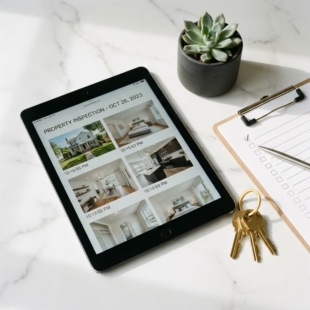 Organised check-out inspection setup with tablet, keys, and checklist streamlines inventory process