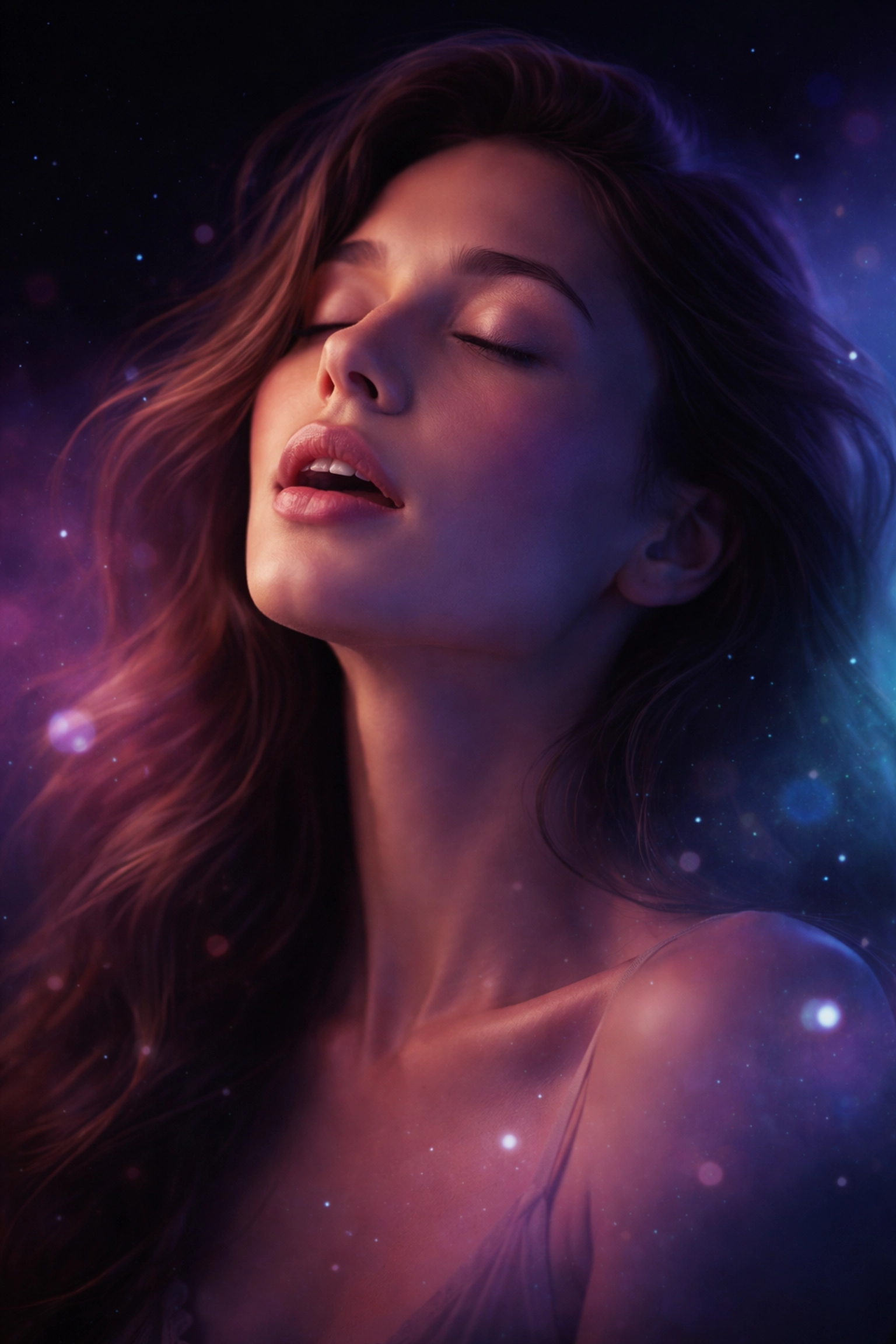 Close-up of serene woman practicing breathwork, highlighting calming techniques for stress management