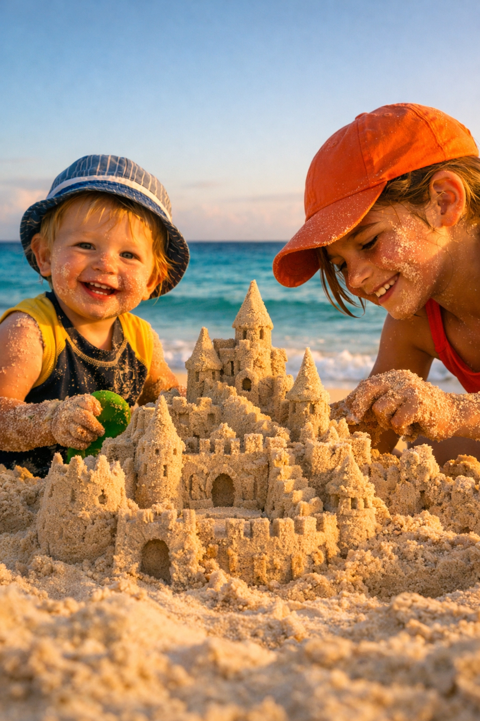 Top 10 Family Travel Activities That Won’t Result in a Public Meltdown 3 Siblings building a sandcastle on a tropical beach, capturing fun family travel photo spots.