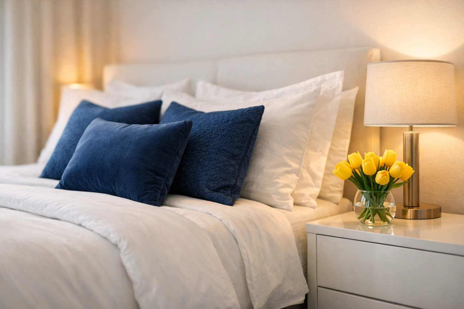 A tidy luxury bedroom with fresh linens, reflecting the mental health benefits of recurring house cleaning.