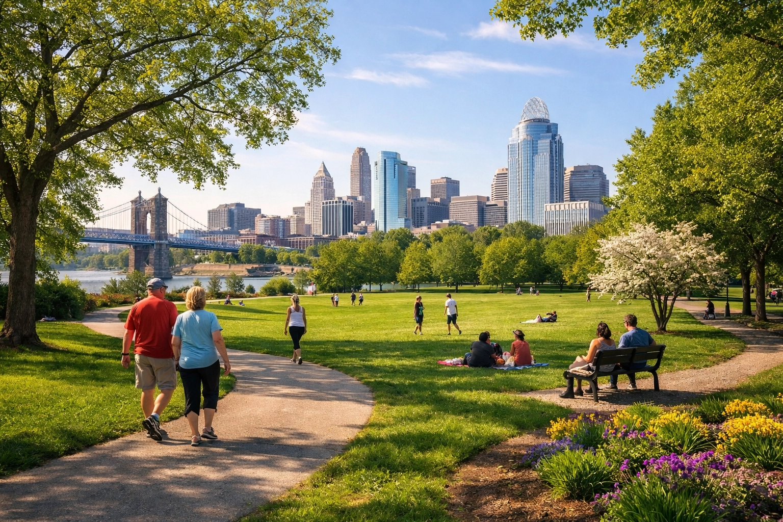 Lush local park in the Cincinnati and Northern Kentucky area with walking paths, green space, and a welcoming community feel.
