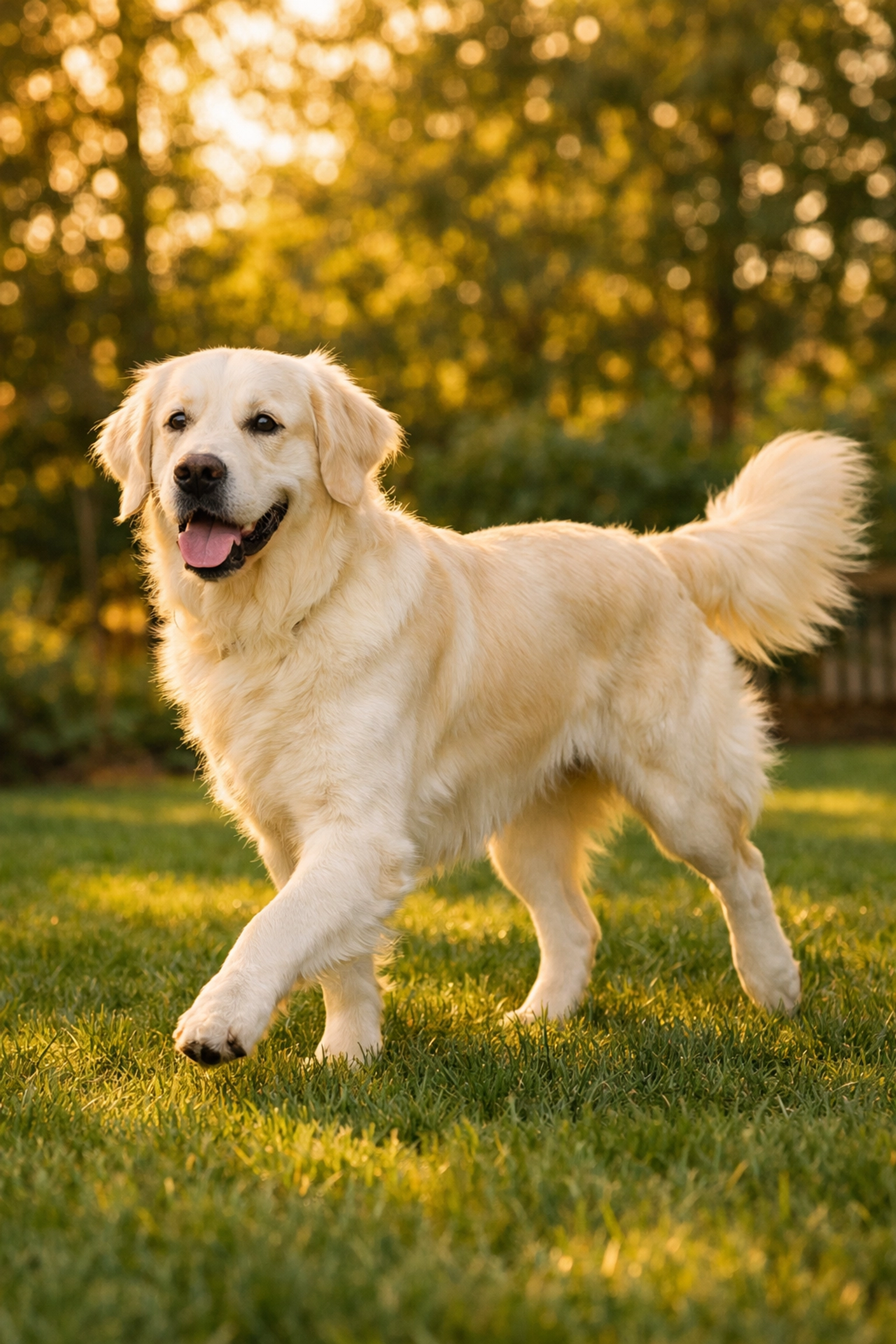 Healthy adult Golden Retriever in Oregon backyard showing ideal body condition