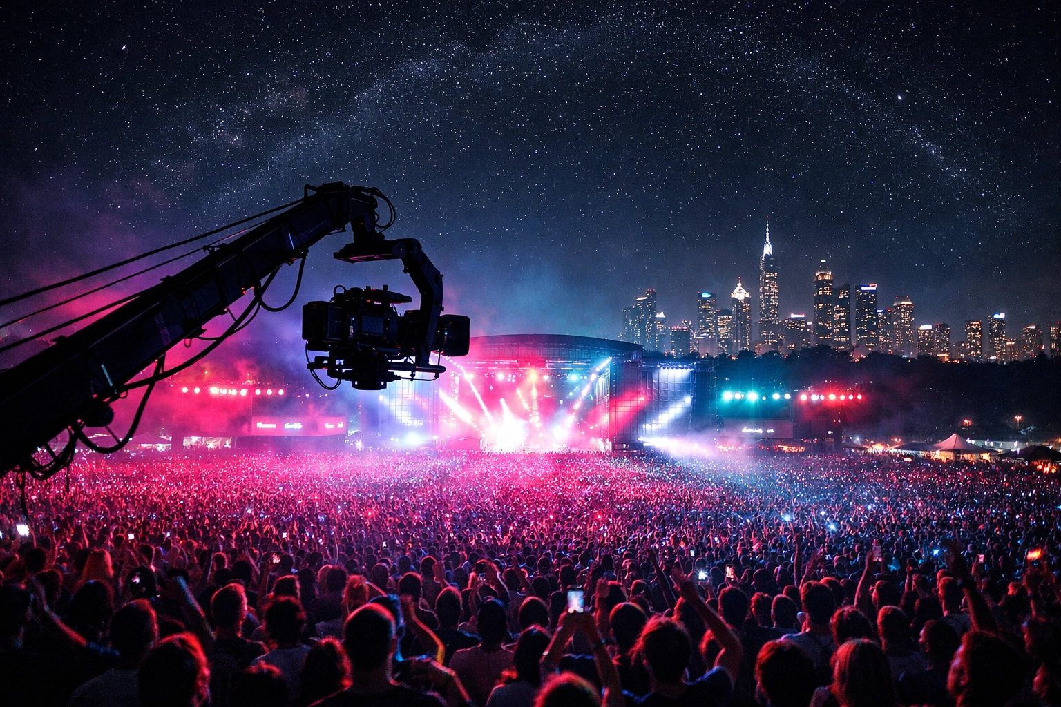 Global music festival at night showcasing high-energy entertainment marketing and audience reach.