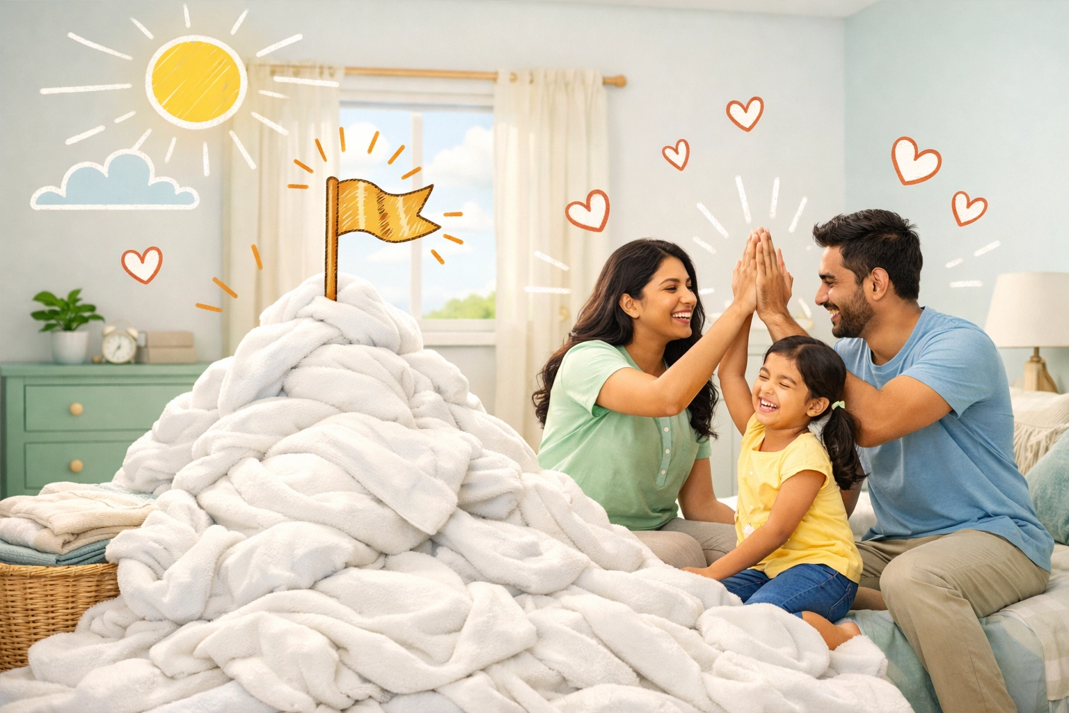 Happy family celebrating a dry night with their child in a bright bedroom, high-fiving beside a pile of clean blankets with playful sun and heart illustrations, symbolizing confidence, positive reinforcement, and success in overcoming pediatric bedwetting through supportive bedtime routines and bladder health habits.