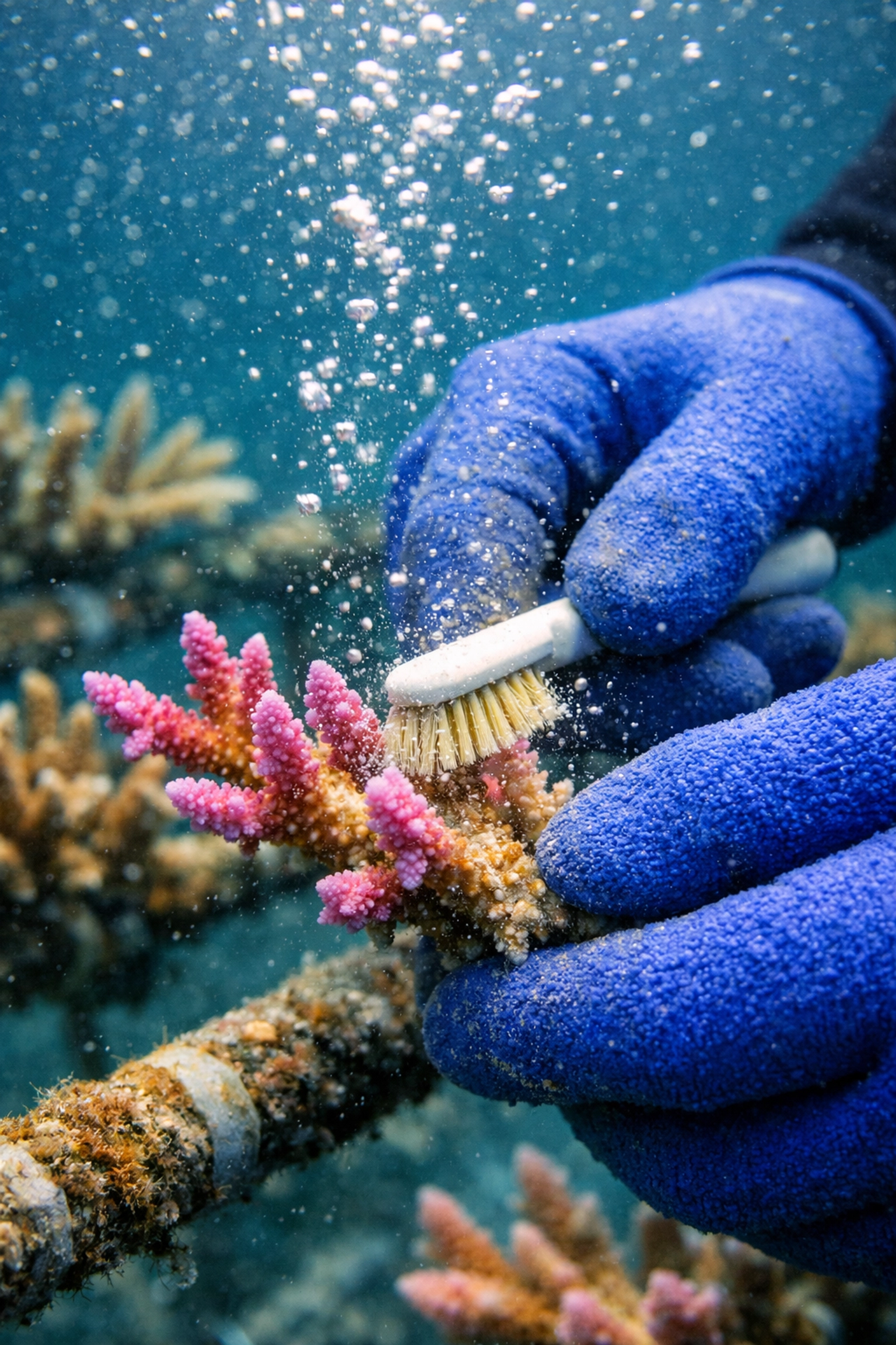 Student hands carefully cleaning staghorn coral fragment in underwater coral nursery