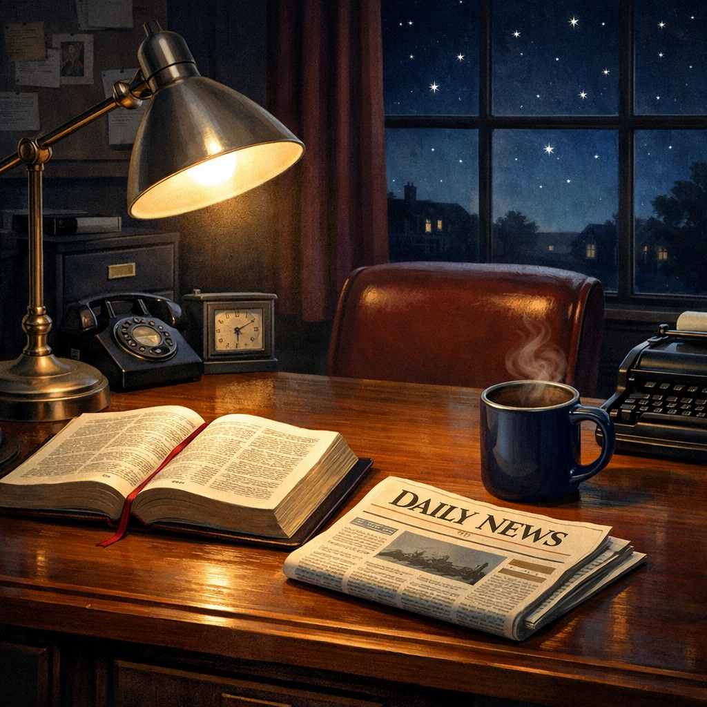 Peaceful newsroom desk with Bible and newspaper representing biblical news clarity