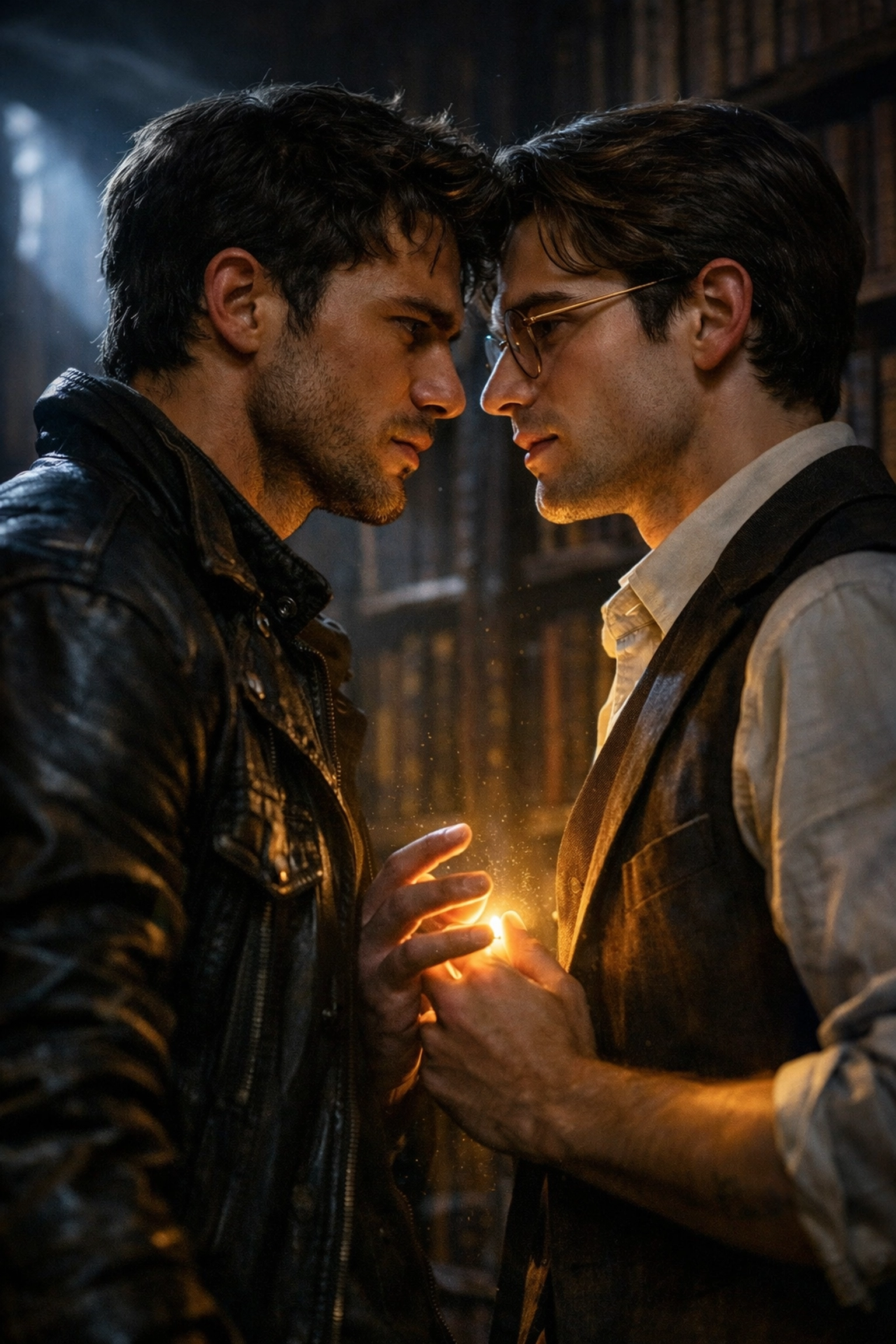 Two men in an atmospheric library sharing a moment of intense connection in an enemies to lovers MM romance.