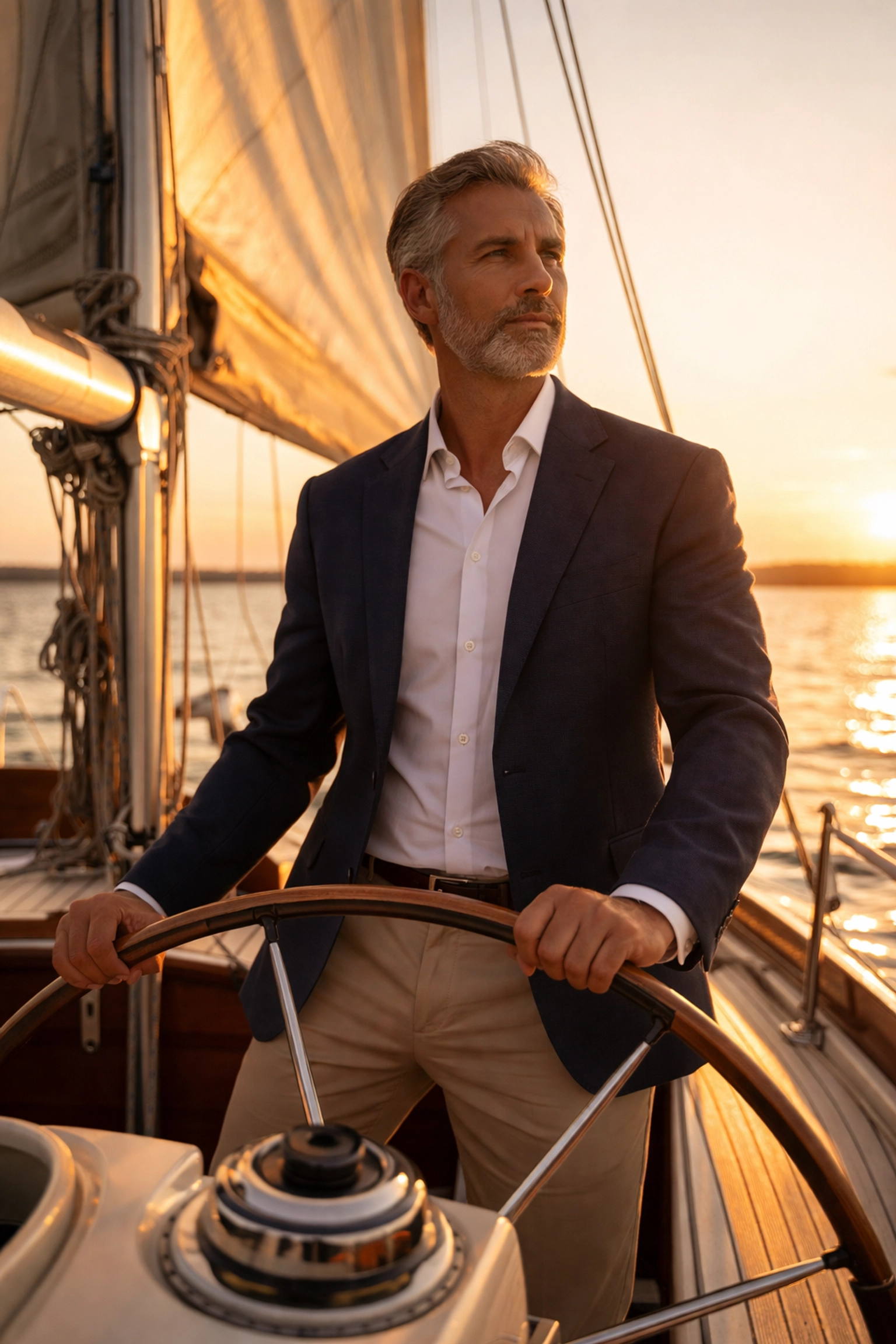 Confident leader steering a sailboat at sunset, symbolizing anchored, faith-based leadership in a changing world.