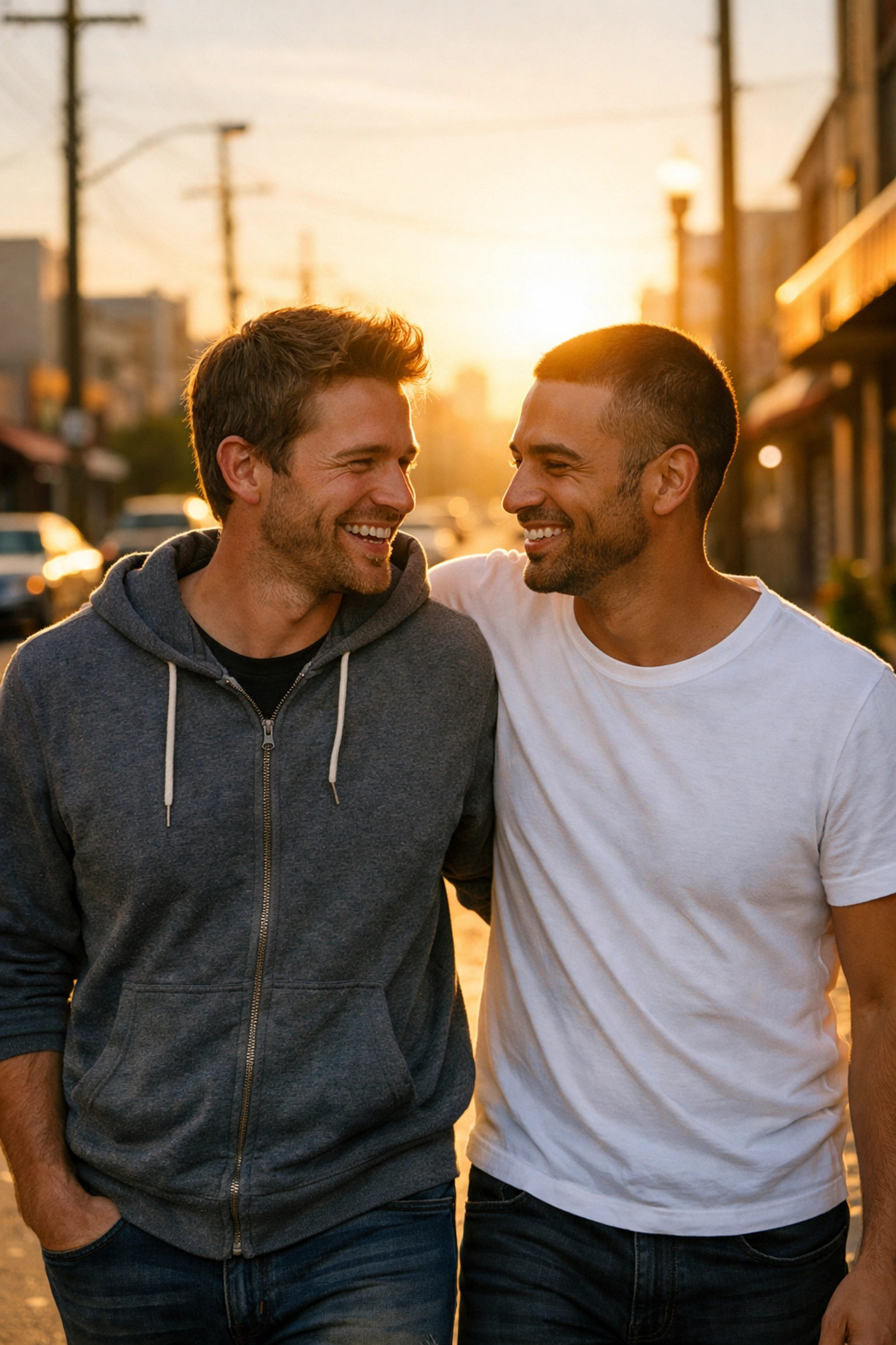 A happy gay couple walking together in the sun, representing the reality of living authentically in LGBTQ+ fiction.