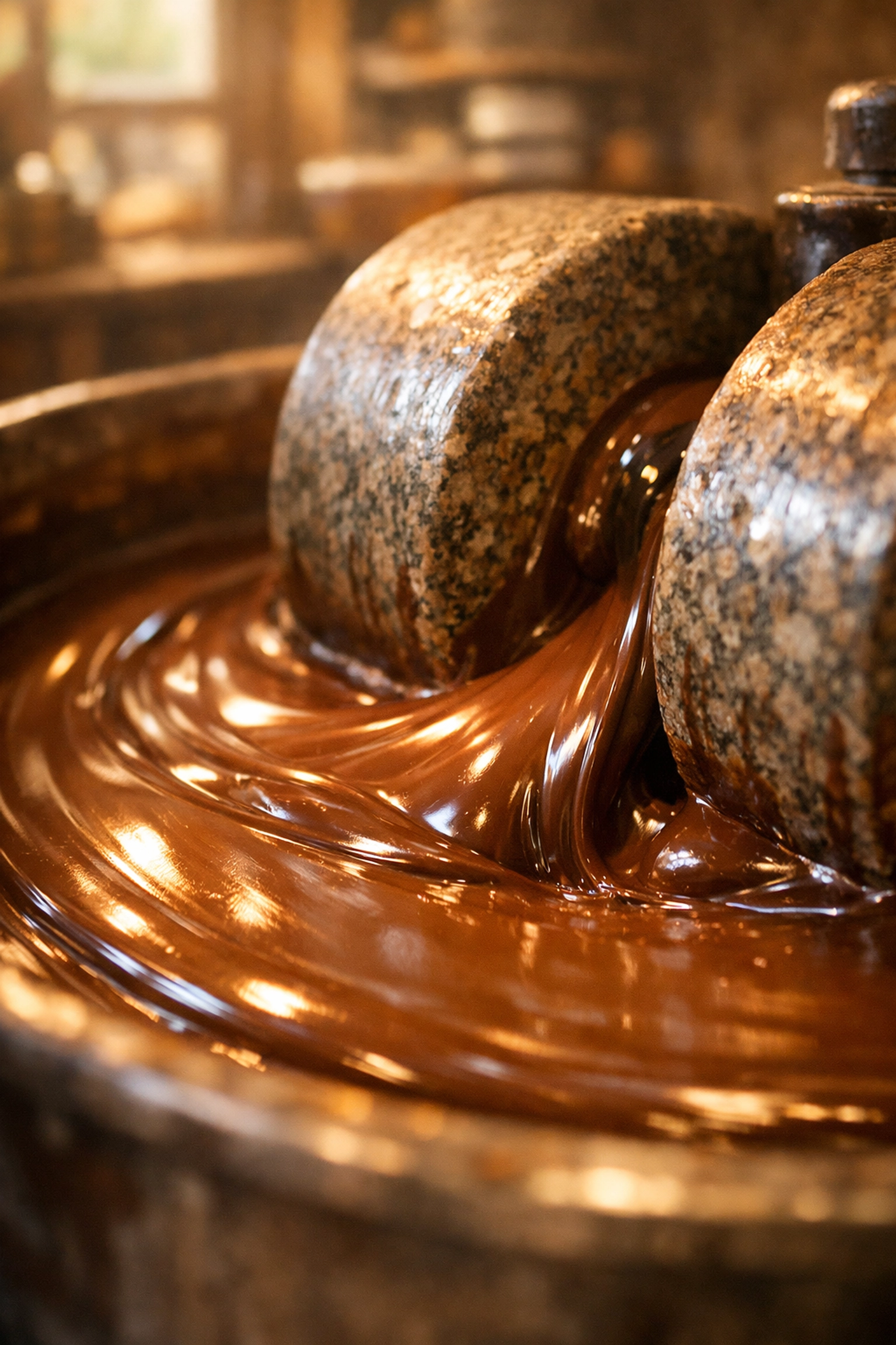 Stone melanger grinding dark milk chocolate showing smooth texture refinement