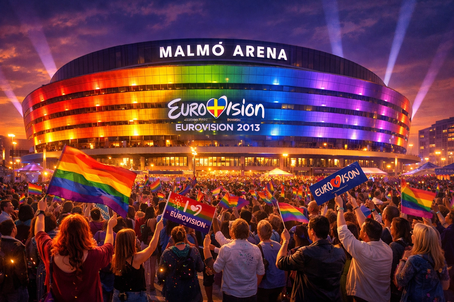 Malmö Arena illuminated with rainbow lights during Eurovision 2013, LGBTQ+ fans celebrating
