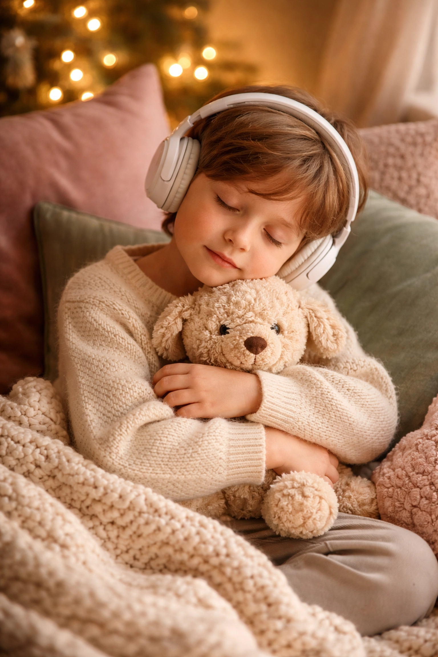Child wearing noise-canceling headphones and hugging a plush toy, illustrating a sensory-sensitive child's need for quiet and comfort