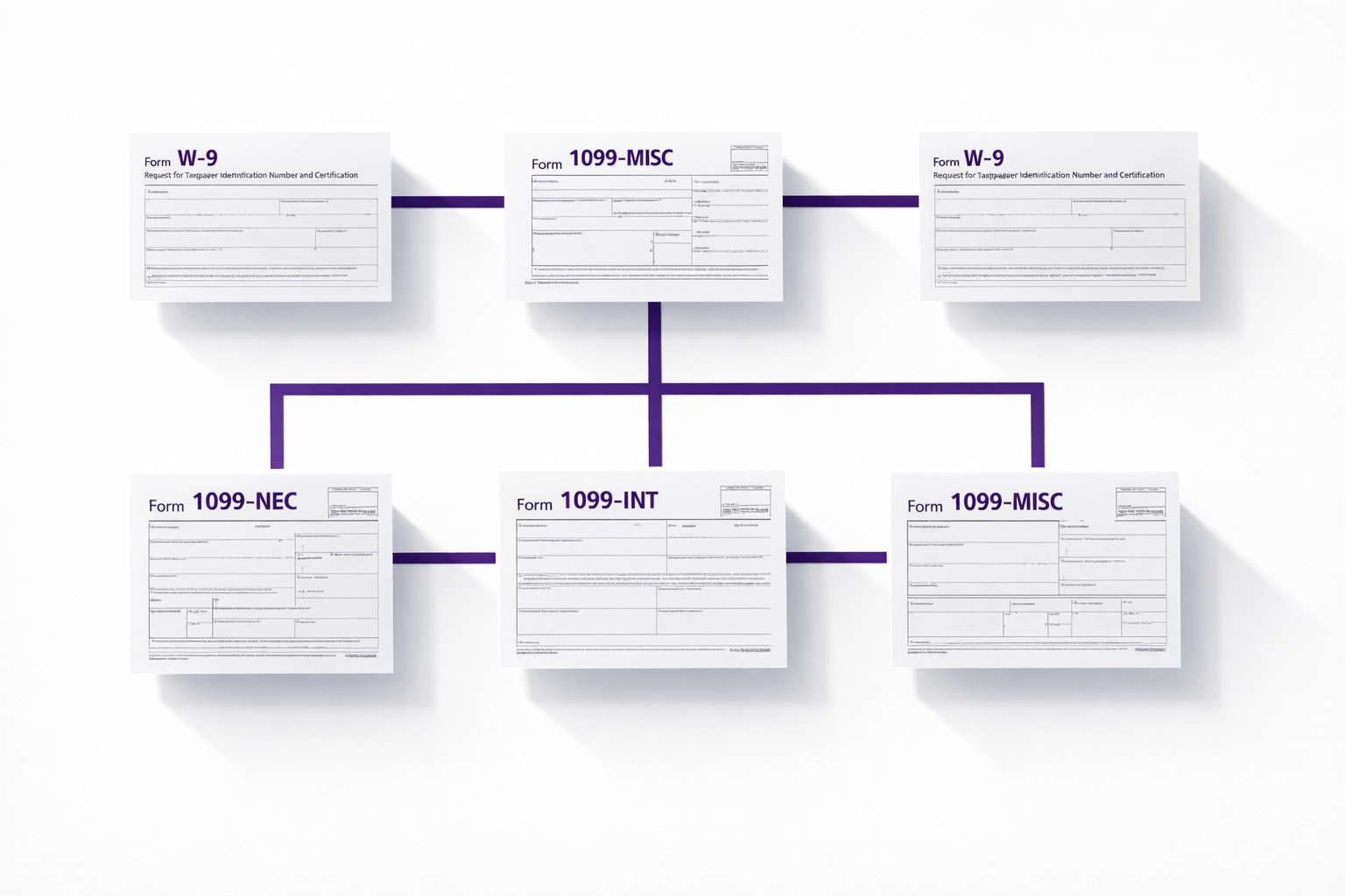 Organized W-9 and 1099 forms connected in workflow for bookkeeping services tracking